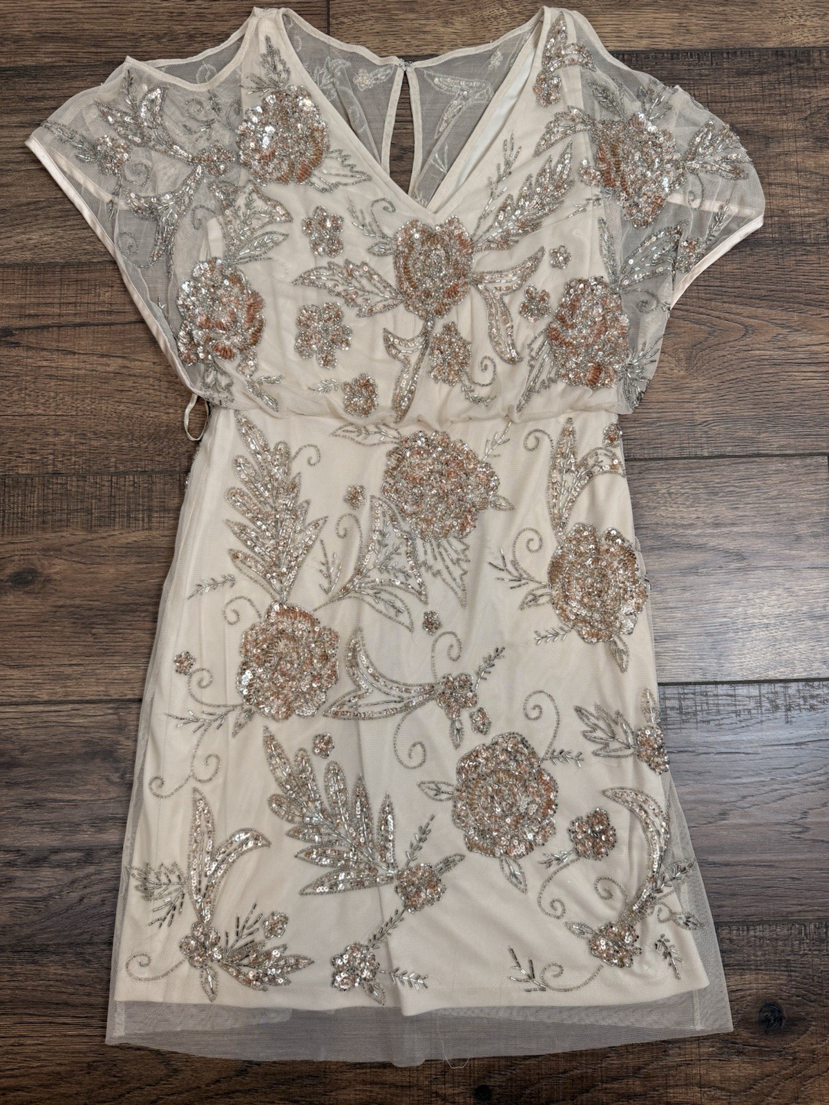 Aidan Mattox Beaded Sequin V-Neckline Blouson Mini Dress Silver Gold Sz 6