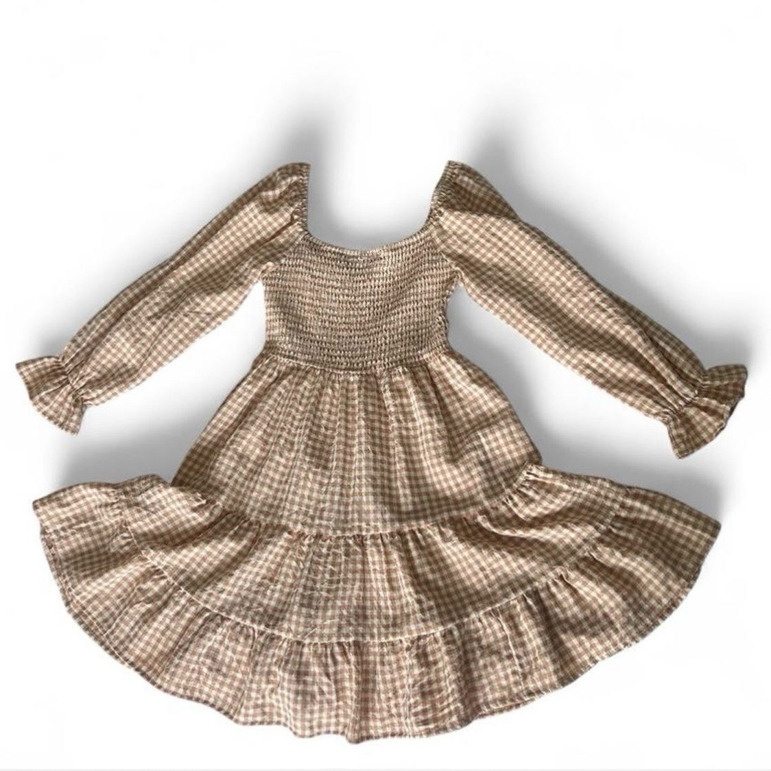 Peach Gingham Smocked Bodice Tiered Ruffle Mini Dress Long-sleeve Size Small