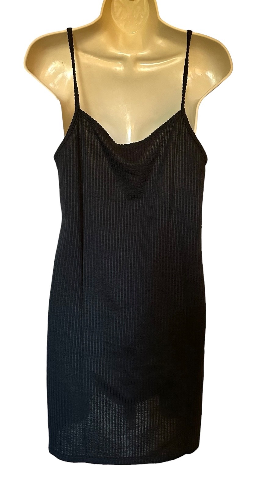 Green Envelope Women’s Ribbed Mini Dress Spaghetti Strap V-Neck Size M Black