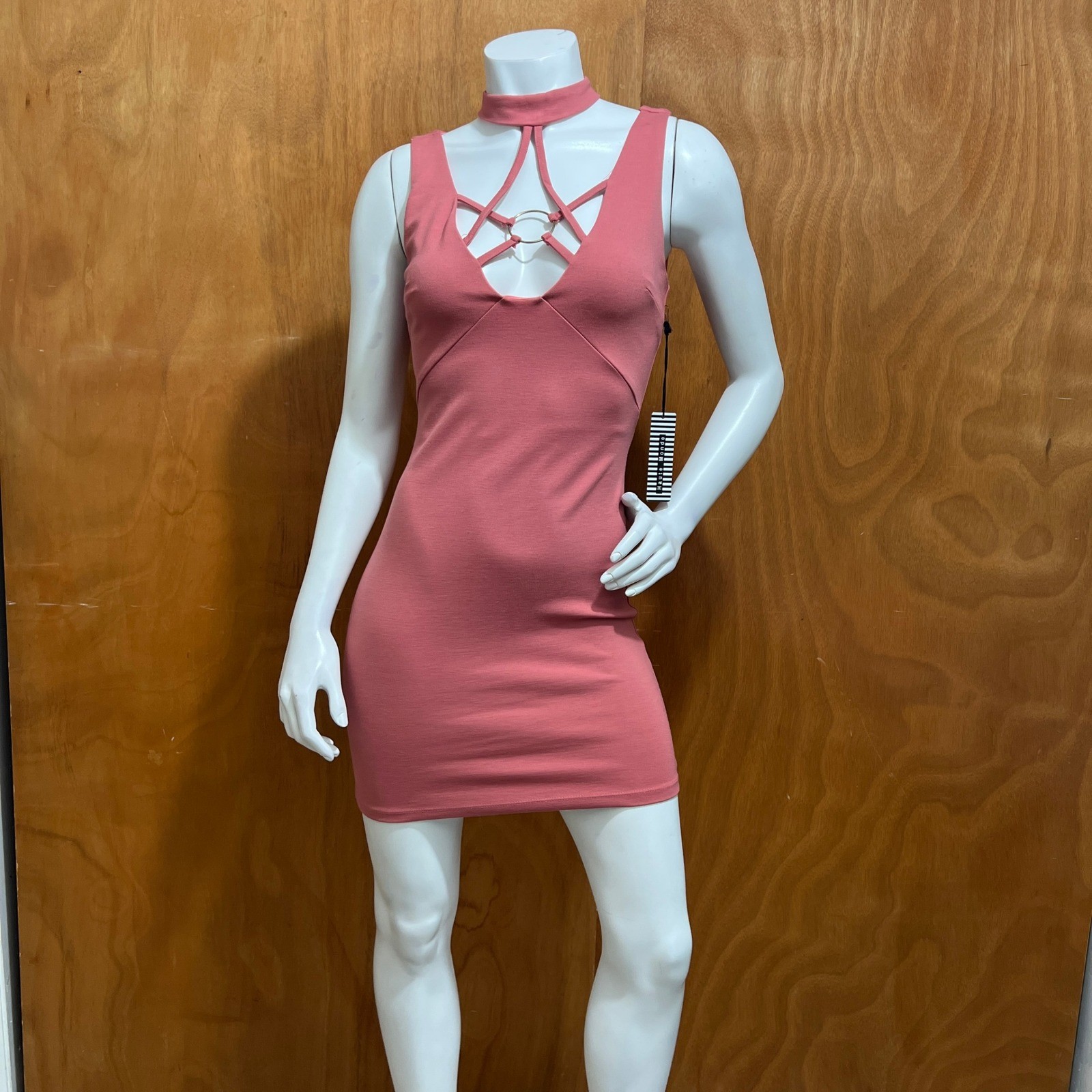 Haute Monde Womens Small Pink Cutout O-Ring Bodycon Mini Dress Choker Neck