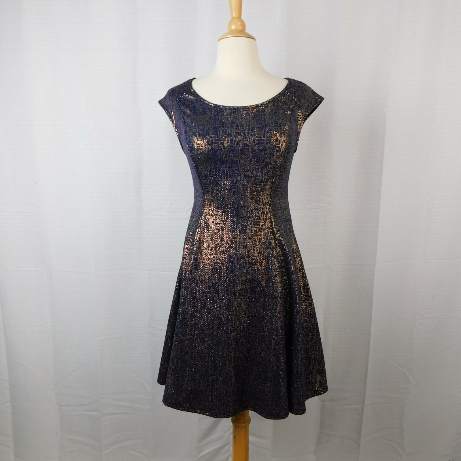 Aiden-Y Cap Sleeve Scoop Neck Gold Metallic Fit & Flare Party Dress Navy Medium