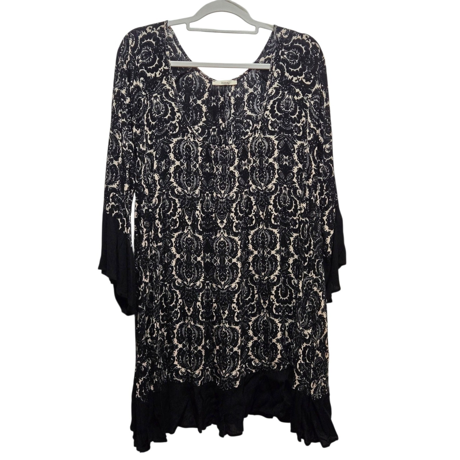 Easel Women Black Cream Damask Print Bell Sleeve Ruffle Dress Medium
