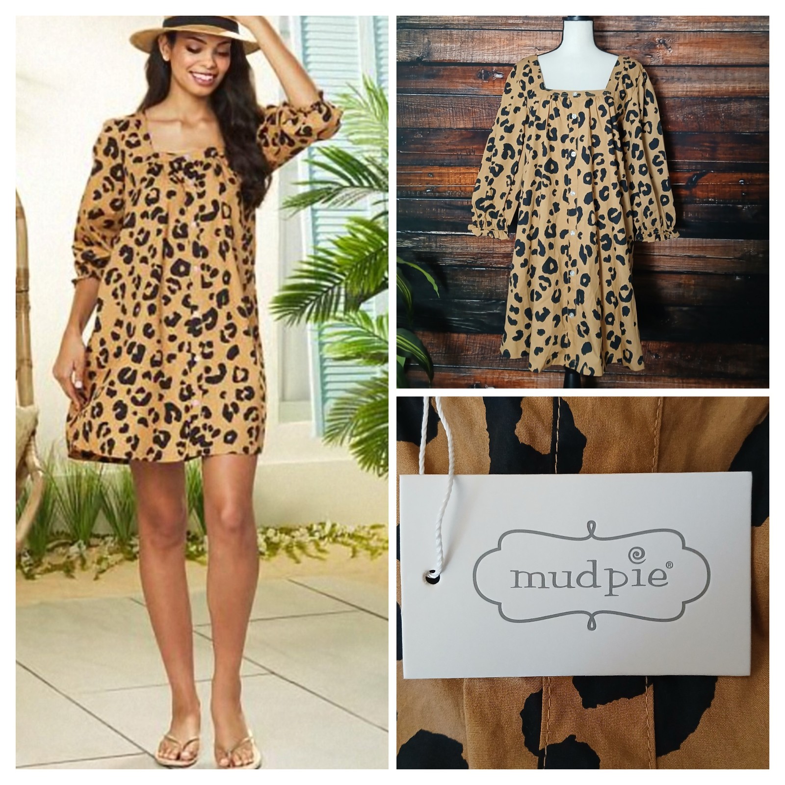 Mud Pie Dress M Atlanta Swing Tan Leopard Square Neck Cotton 3/4 Sleeve NWT