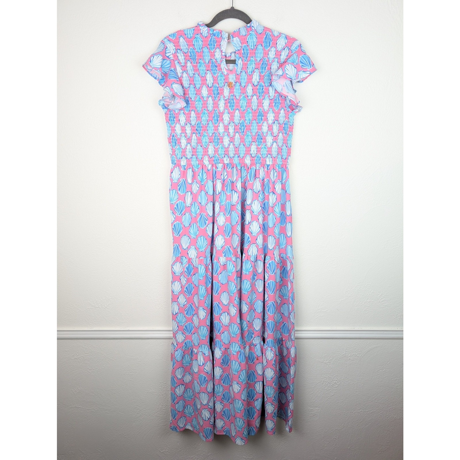 Simply Southern Dress Maxi Shell Novelty Tiered Preppy Beach Pink Blue Size L