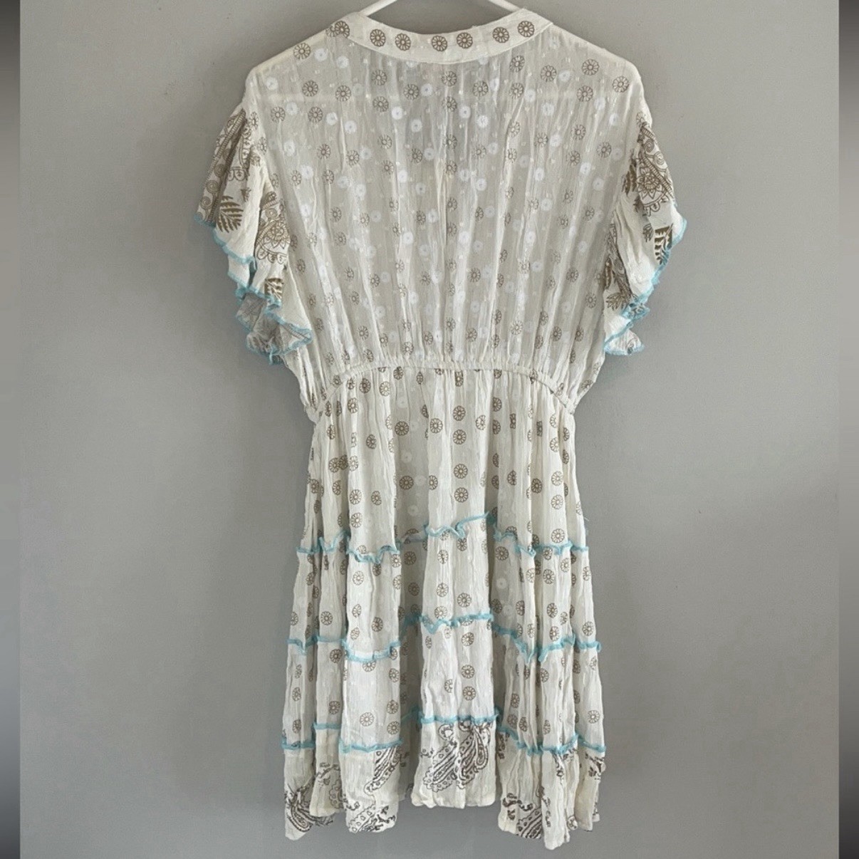 Siya Women’s OS Cream Embroidered Sequin Mini Boho Peasant Dress Festival NWT