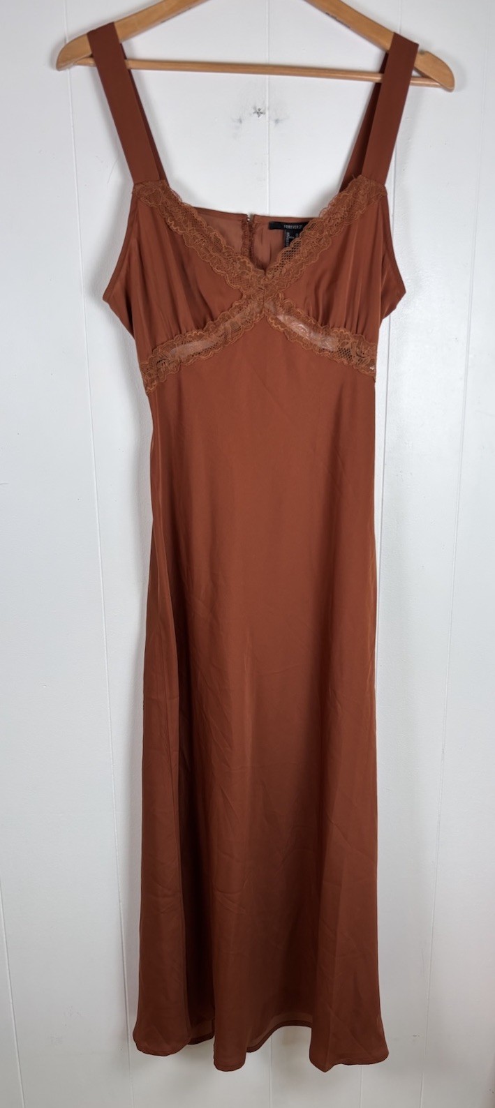 Forever 21 Women’s Size XL Chestnut Brown Midi Cami Slip Dress Lace – NEW