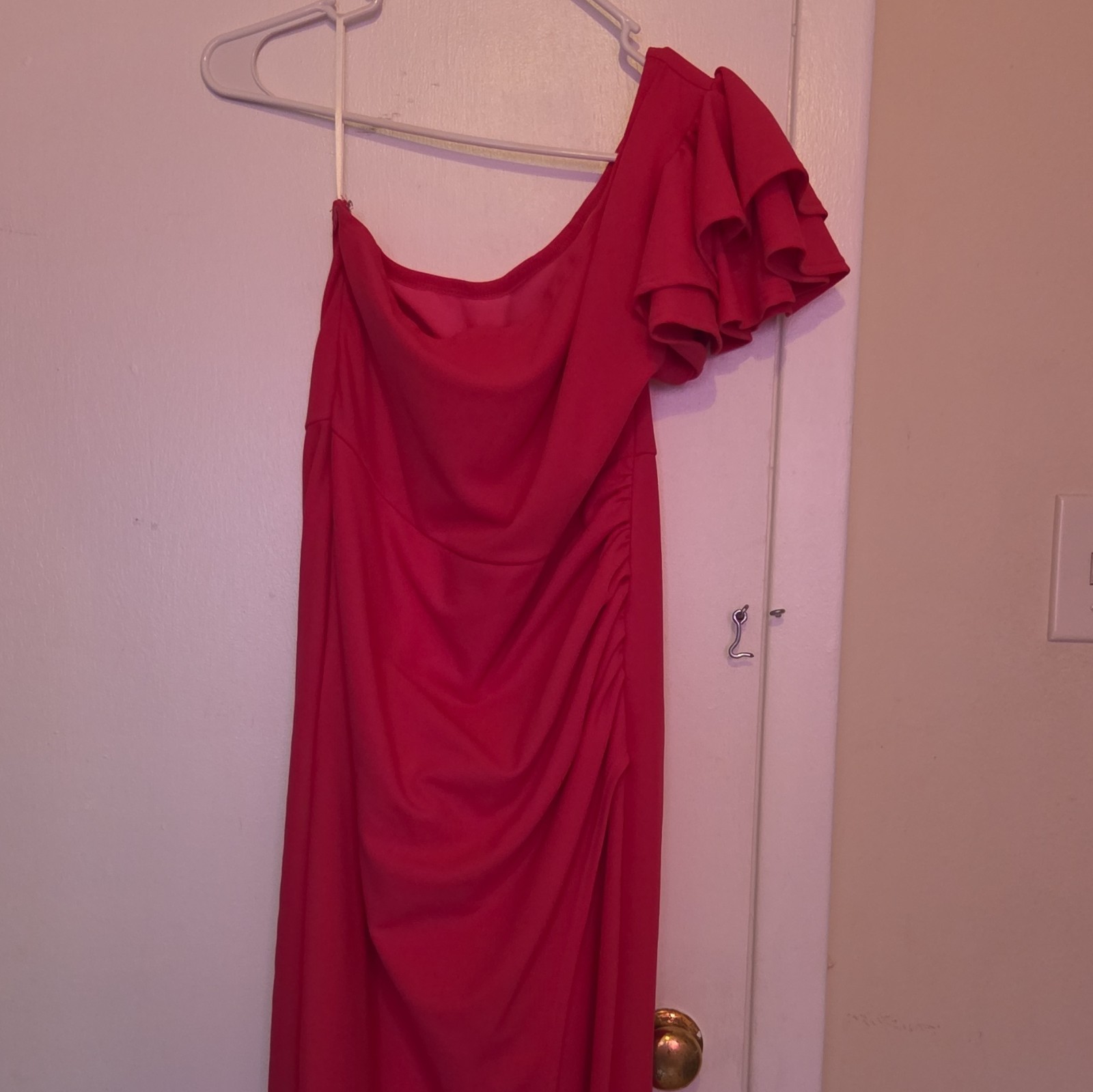 Women’s hot pink One Shoulder Ruffle Sleeveless Solid Long Dress Regular