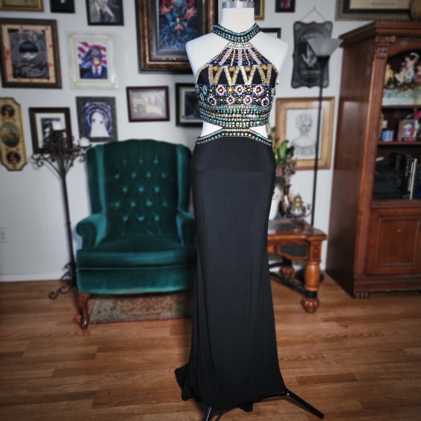 Dave and Johnny Beaded Halter Gown Black Cutout Prom Dress 90s Style Gems 5/6