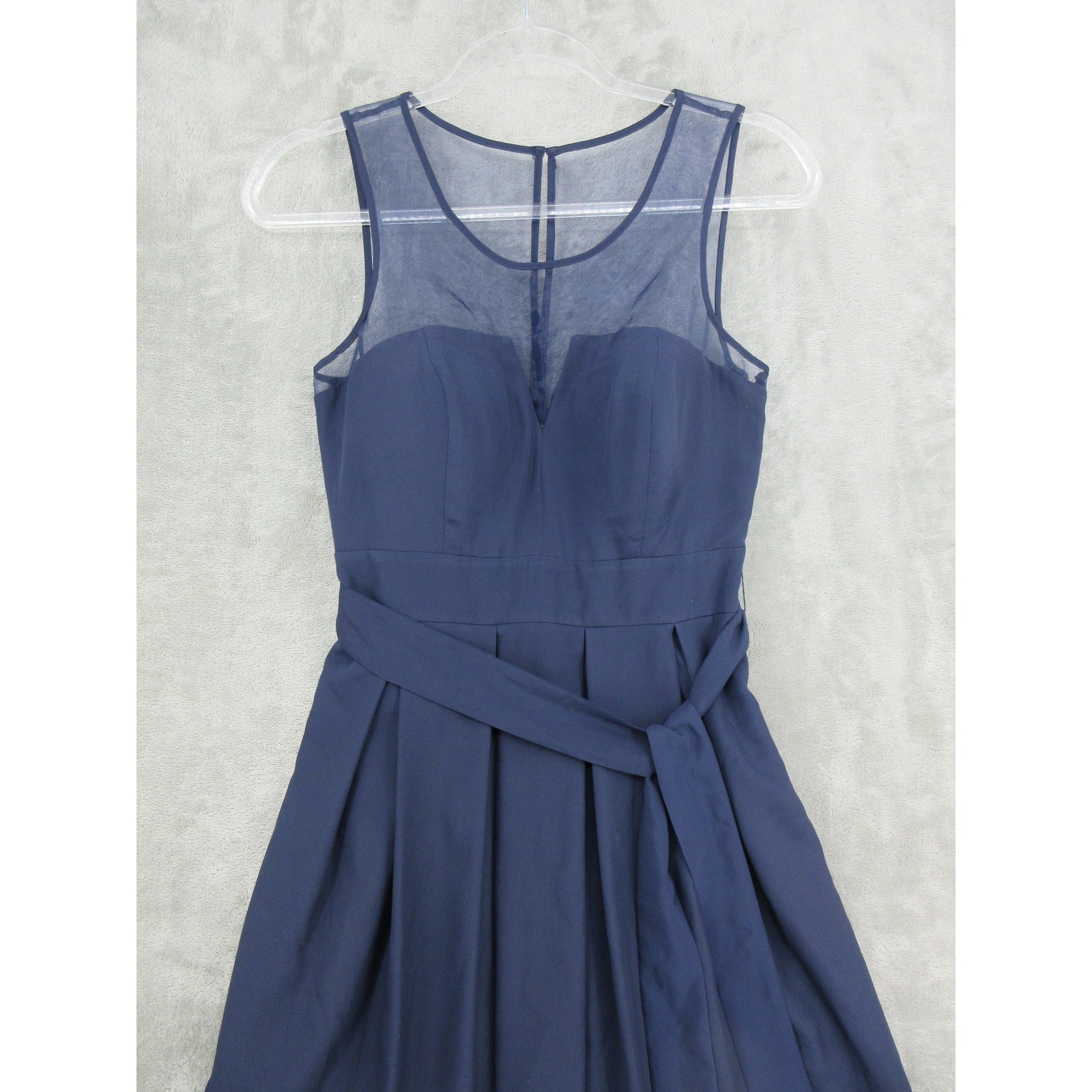 GUESS Dress Womens 2 Sheer Neckline Pleated Party Belted Navy Blue Event Zip