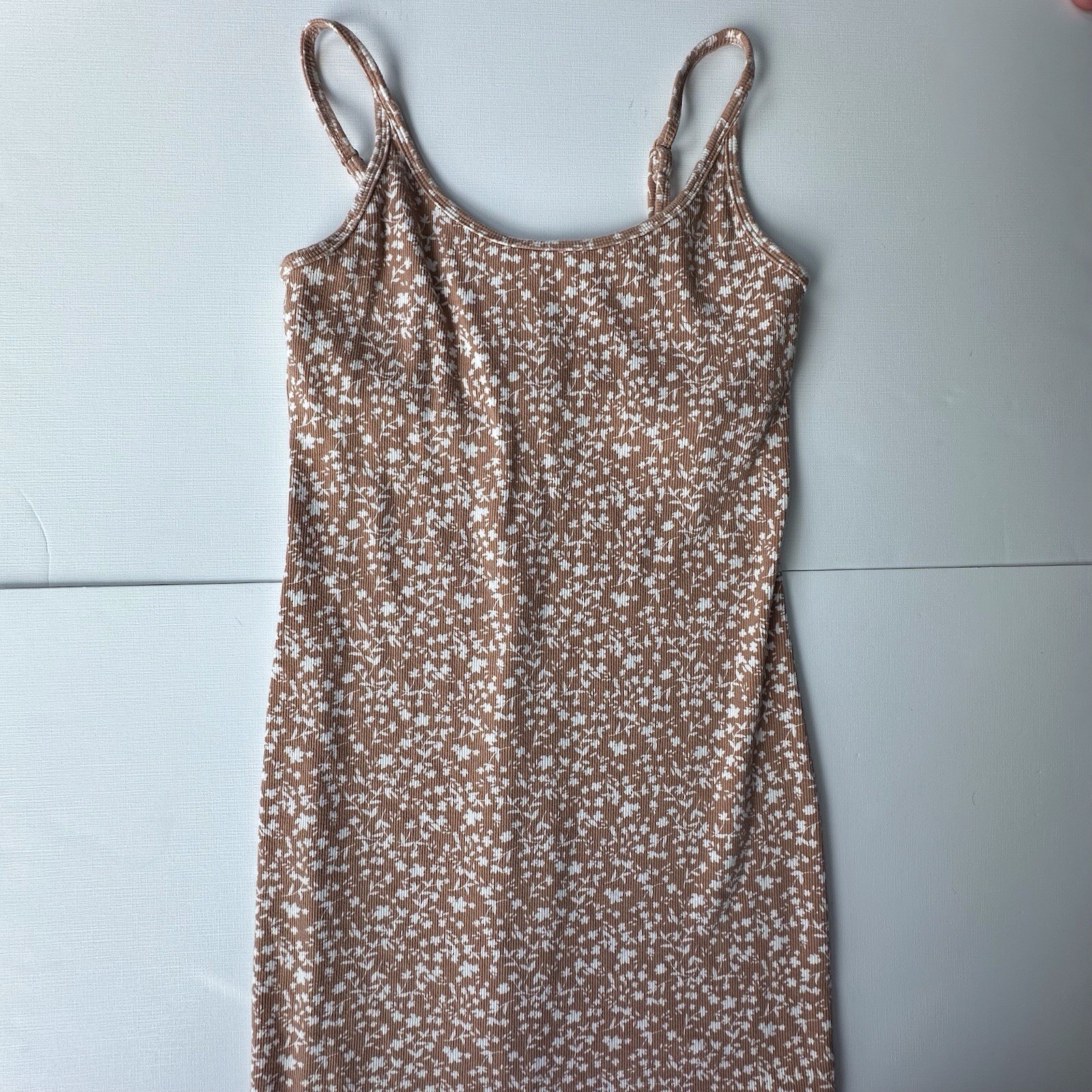 Old Navy brown & white floral print spaghetti strap knee length dress women med