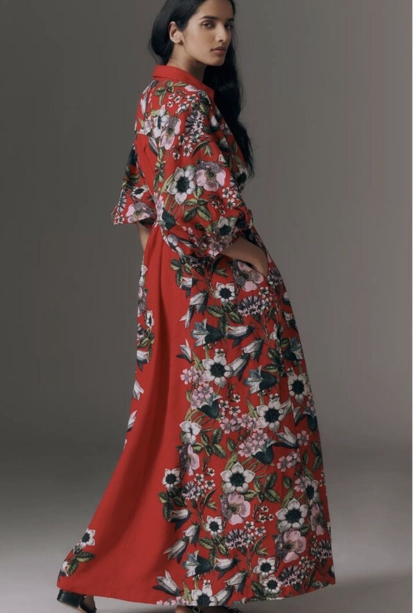 NWT Anthropologie Maeve Mona linen blend maxi red floral shirt dress sz S