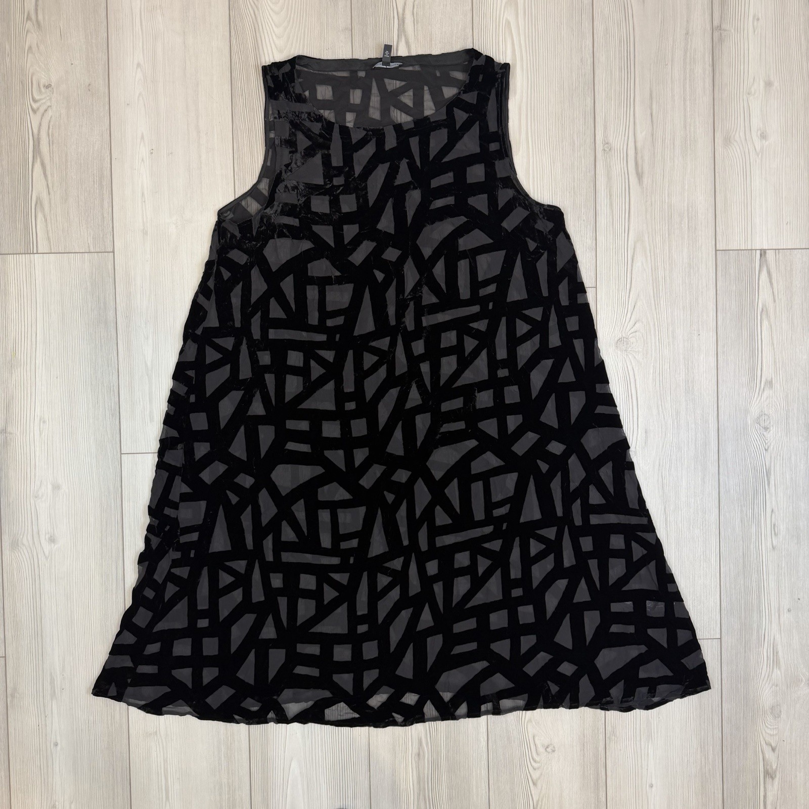 Eileen Fisher Burnout Velvet Black Sleeveless Shift Dress Silk Blend XL READ