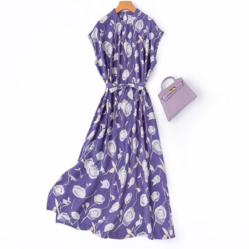 100% Mulberry Silk Raglan Short Sleeve Purple Printed Women Midi Dress M1577