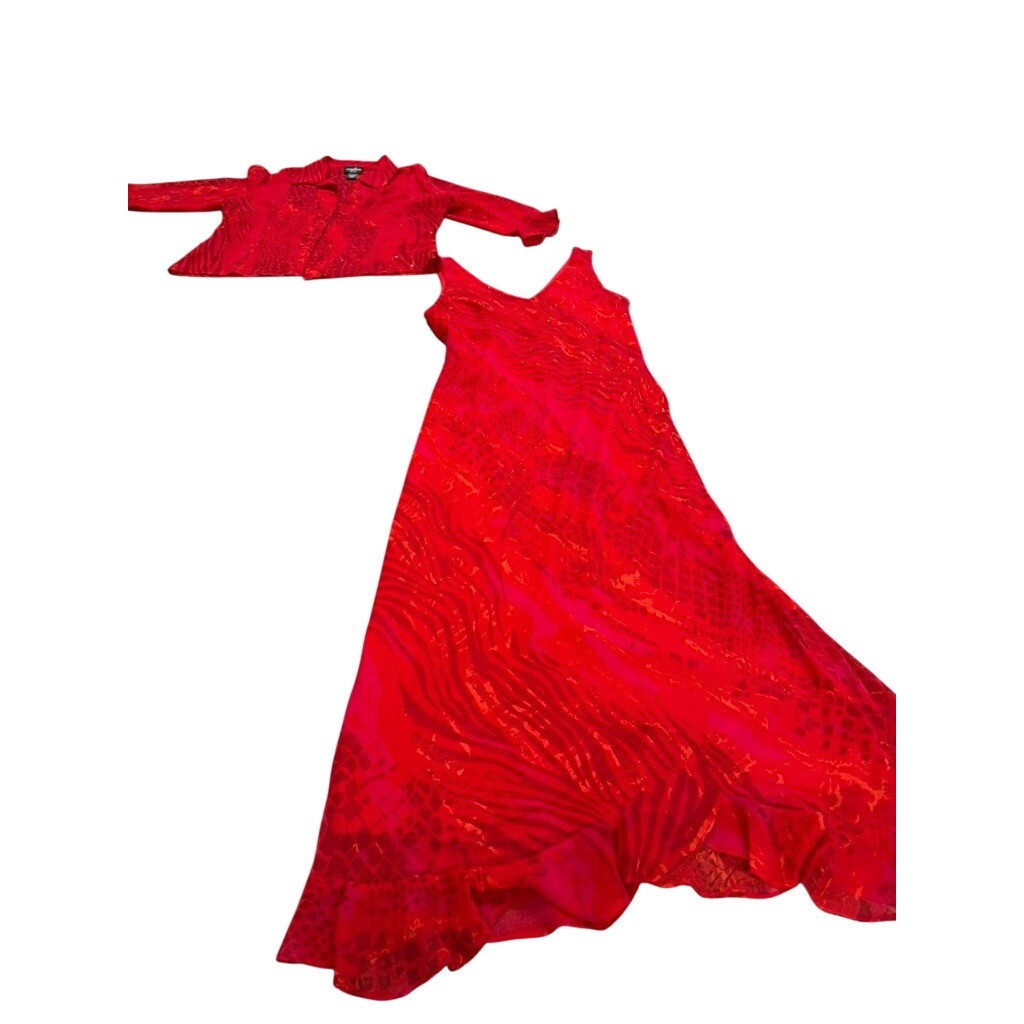 Positive Attitude Red Animal Print Sequin Maxi Dress & Jacket Set 2pc 12P Sheer