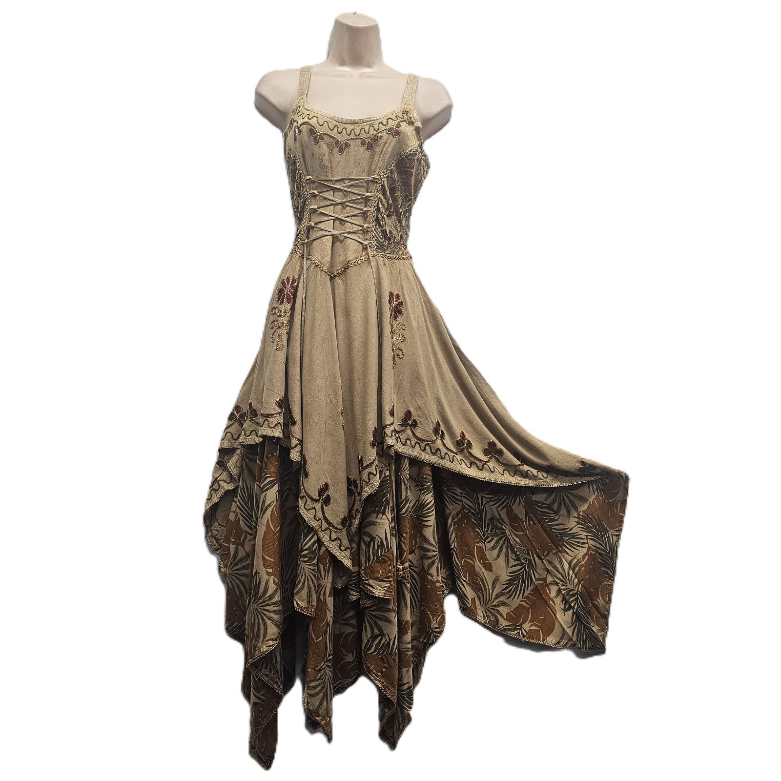 Bohemian Double Layered Lace Up Midi Dress Vintage-Inspired Asymmetrical Hemline