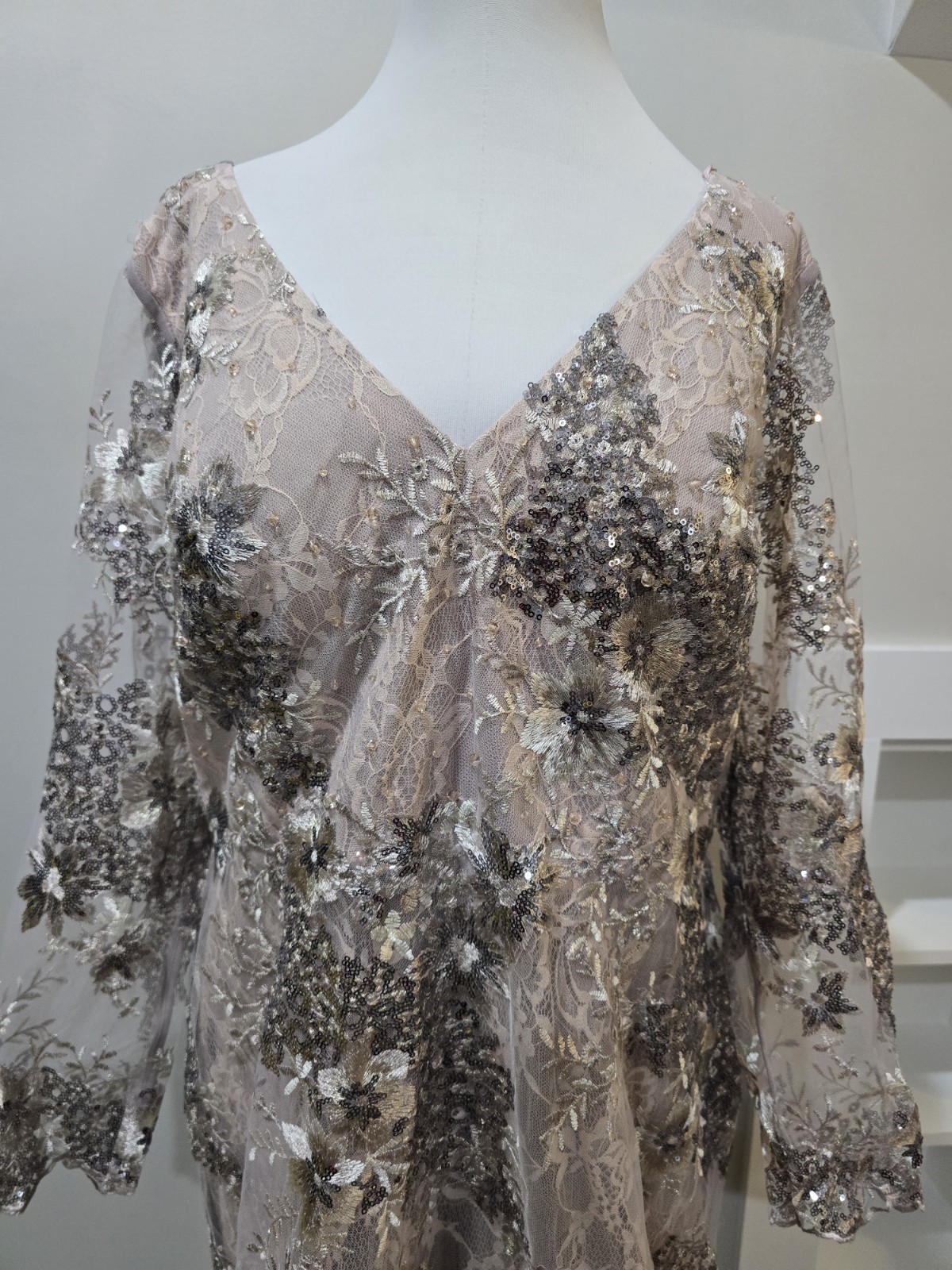 Mac Duggal 67539 Embellished V-neck Illusions Gown NWT Size 18 Taupe