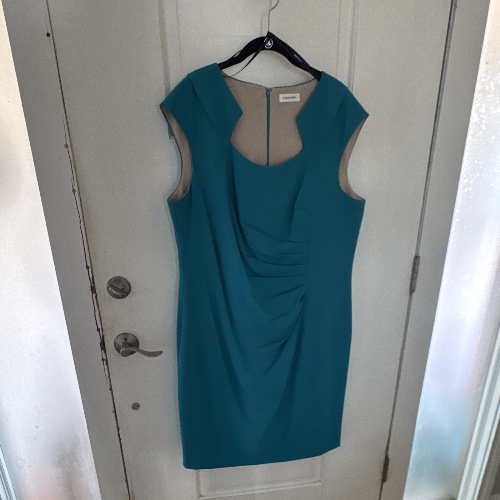 Calvin Klein Teal Sheath Dress Ruched Stretch Lined Scoop Neck Knee 8