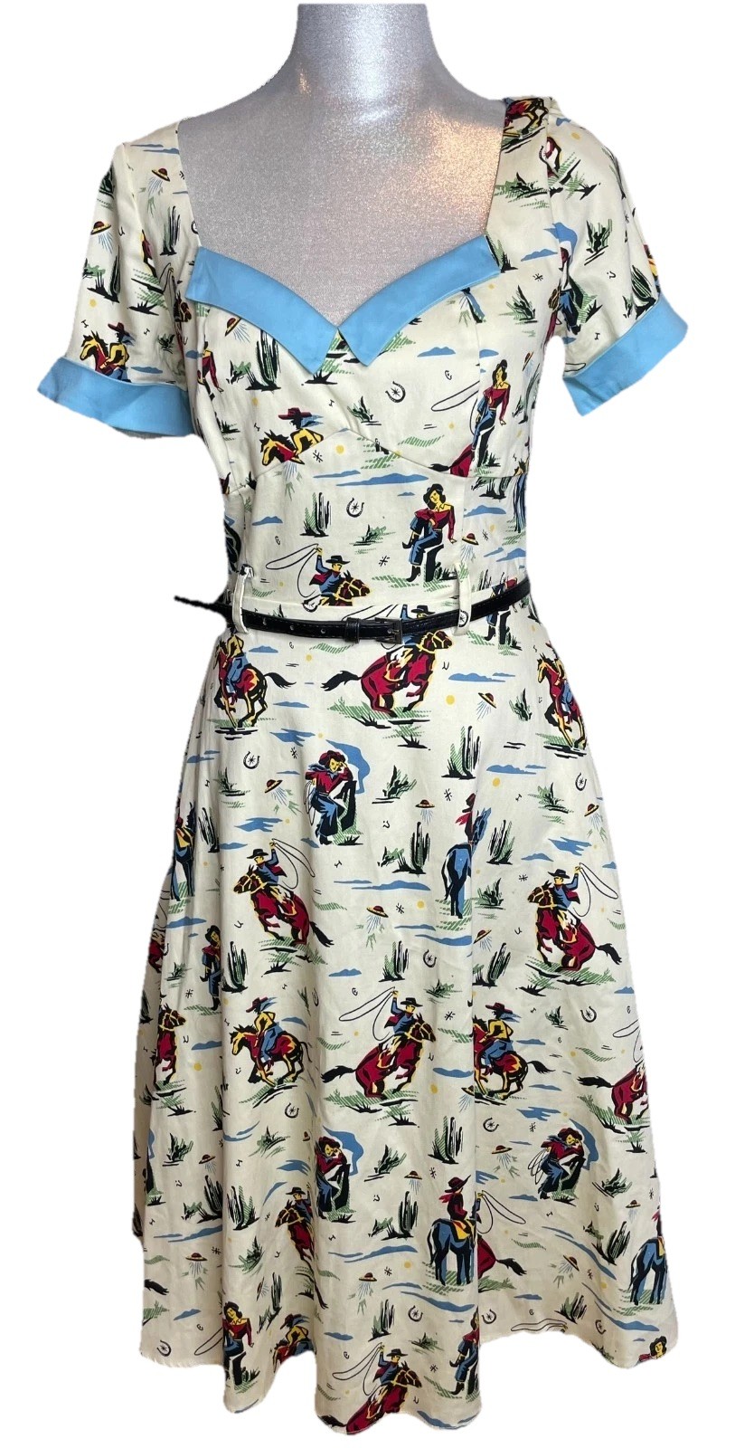 Collectif ROBERTA RODEO DANCER 50s Cowboy SWING DRESS Rockabilly Yellow Flare S