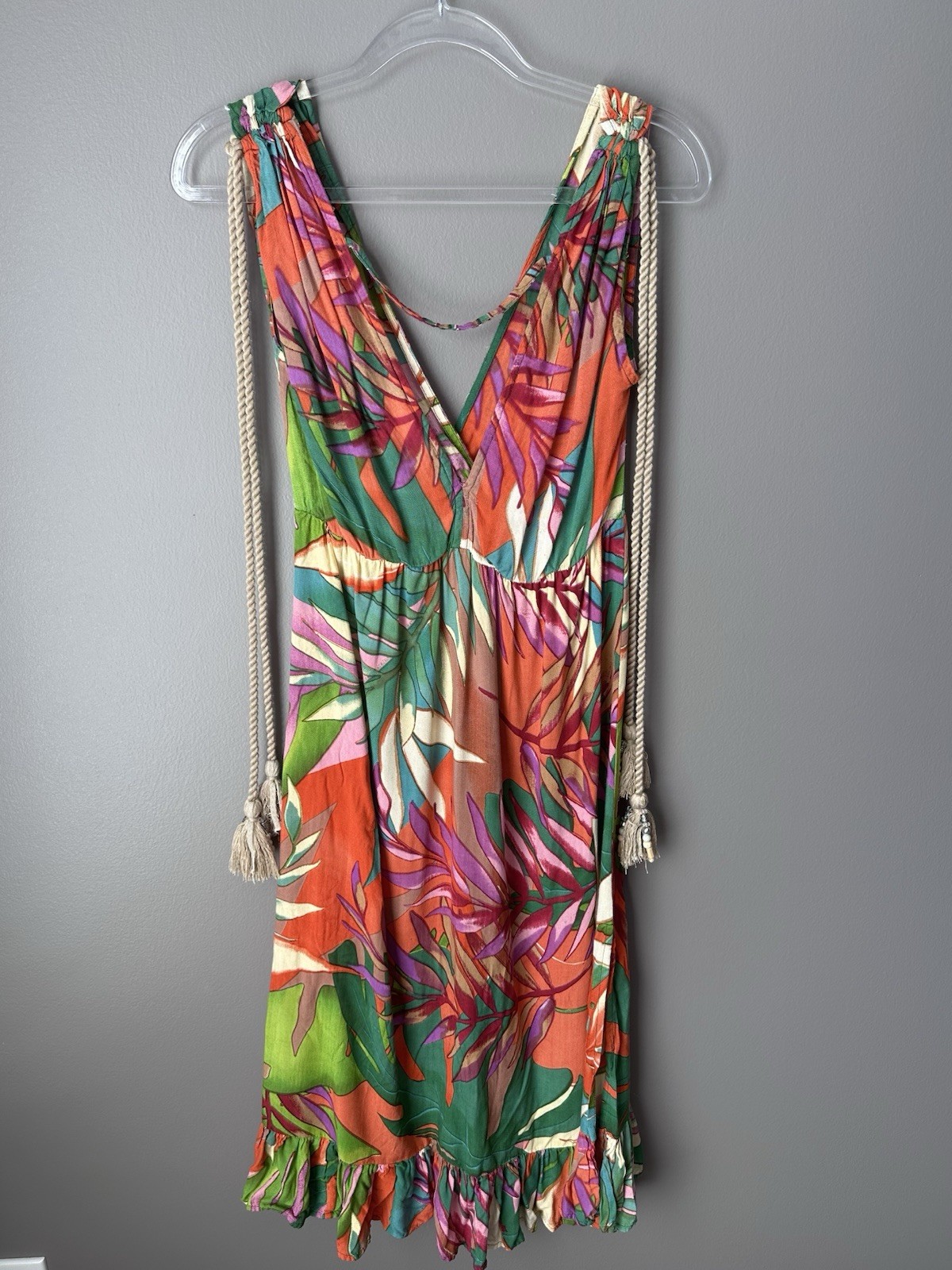 True Destinations Tropical Floral V-Neck Tassel Detail Resort Wear Dress Women S