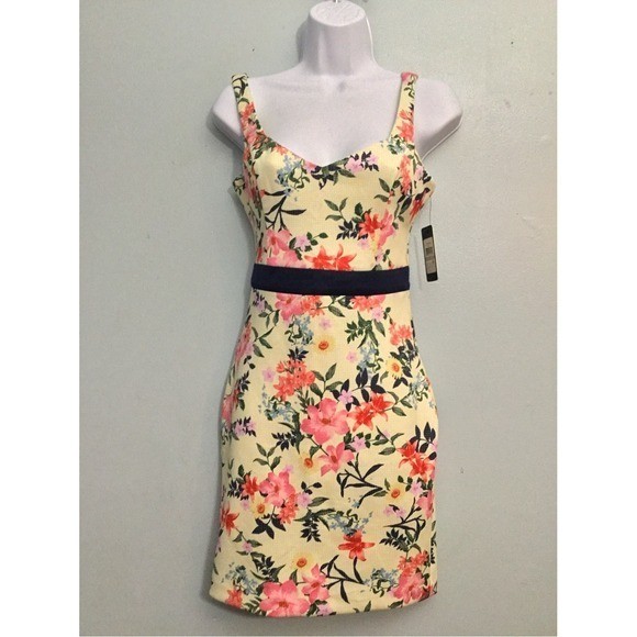 Guess Cream Floral Spaghetti Strap Mini Dress Navy Waistband Size 0 New