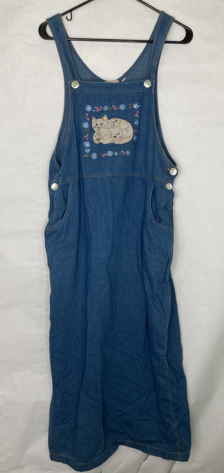 Vintage Winona Women’s Medium Denim Overall Dress Embroidered Cat Floral Cottage
