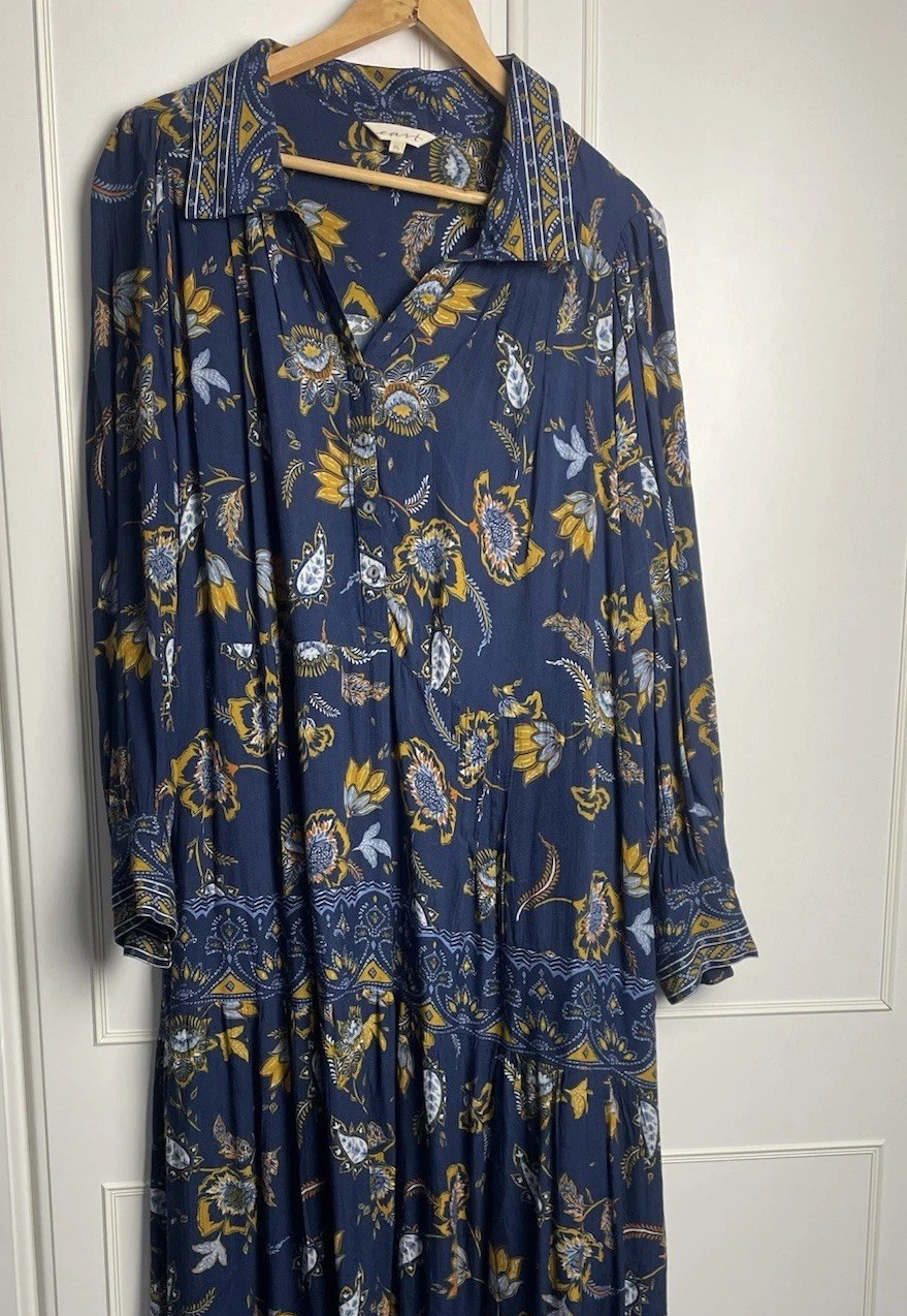 EAST Tiered Maxi Dress Size XL Blue Mustard Shirt Flared Lightweight Gypsy Boho