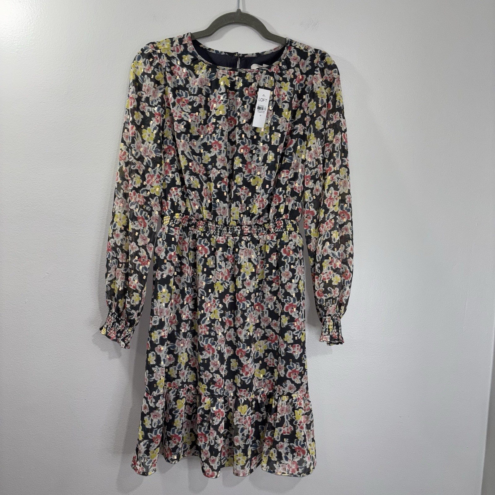 Loft Black Pink Floral Flower Gold Dress W/ Shimmer Ruffle Size Medium NEW