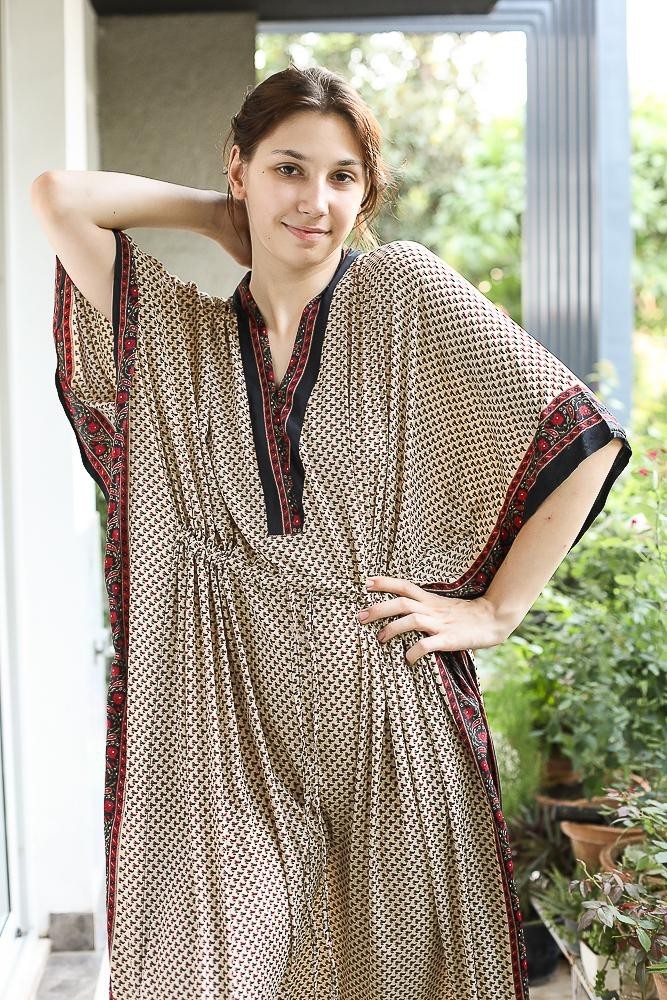 Silk Beige Kaftan / Handmade Flowy Maxi Dress / Resort Wear Outfit PS MFN1023