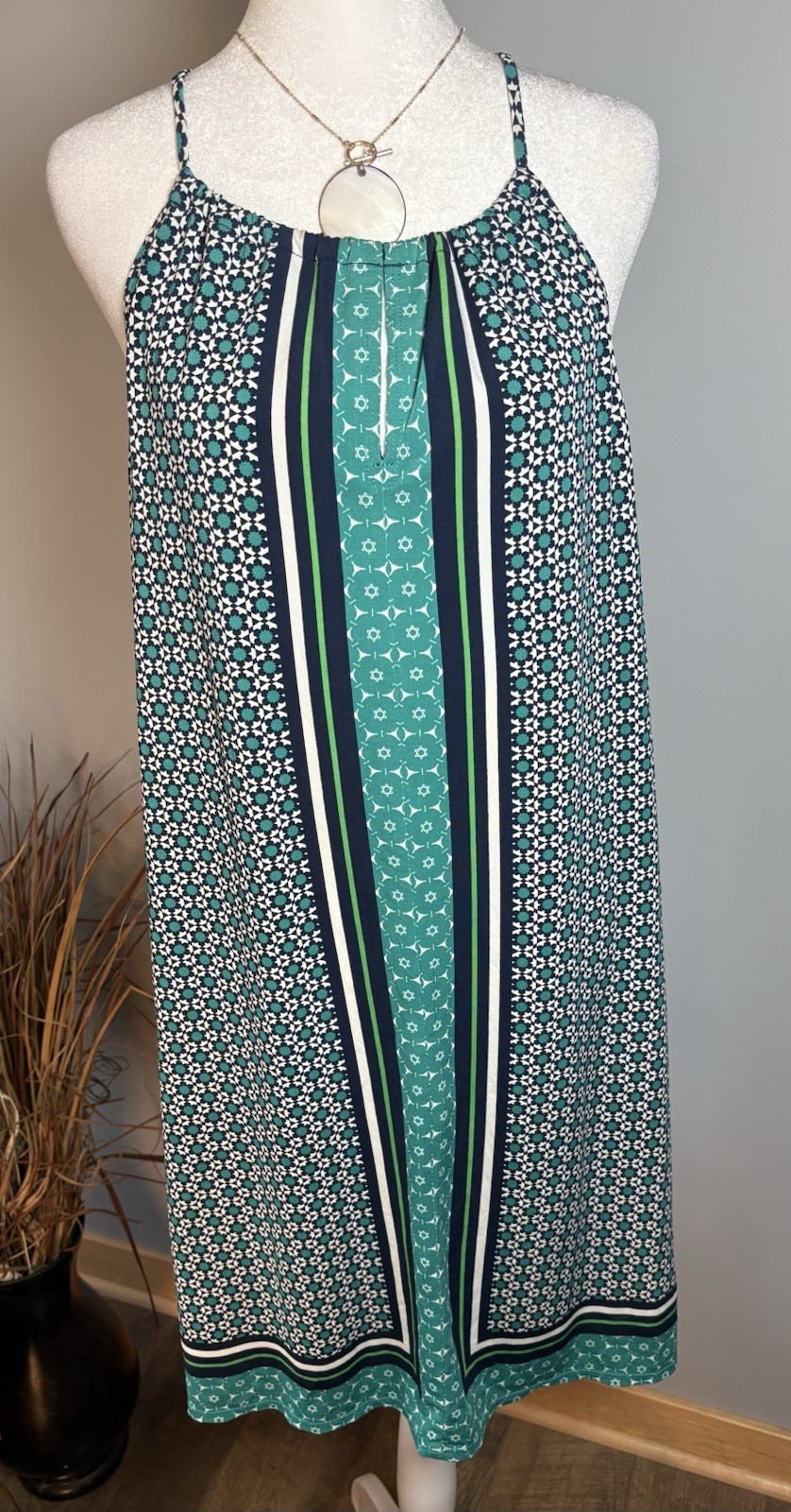 Max Studio Dress Womens Large Blue Aqua Geometric Halter Shift Sundress