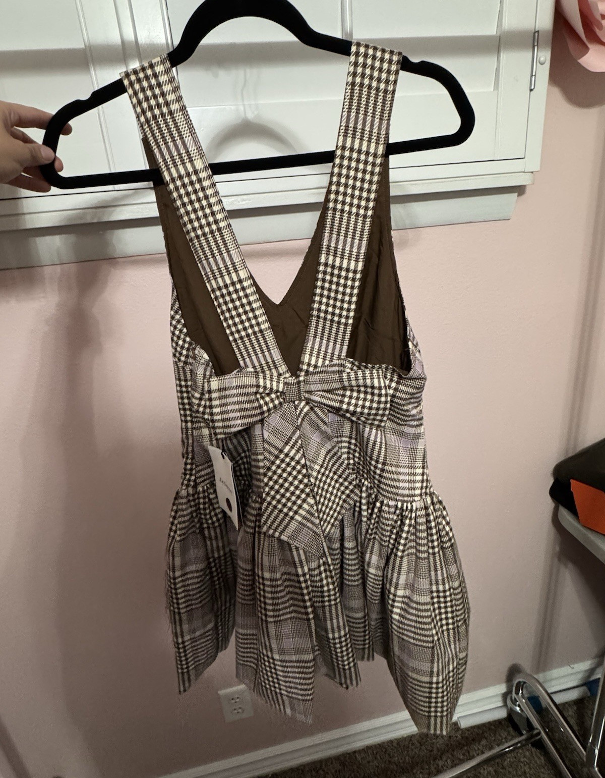 Anthropologie En Saison Brown Plaid V-Neck Sleeveless A-Line Dress Bow S