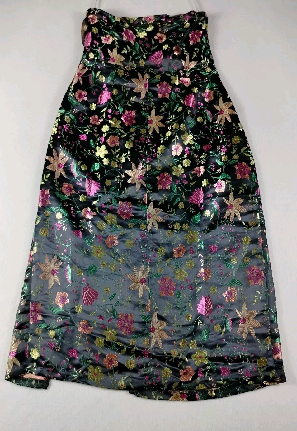 Lulus Midi Dress Women Medium Make a Move Black Satin Floral Jacquard Strapless