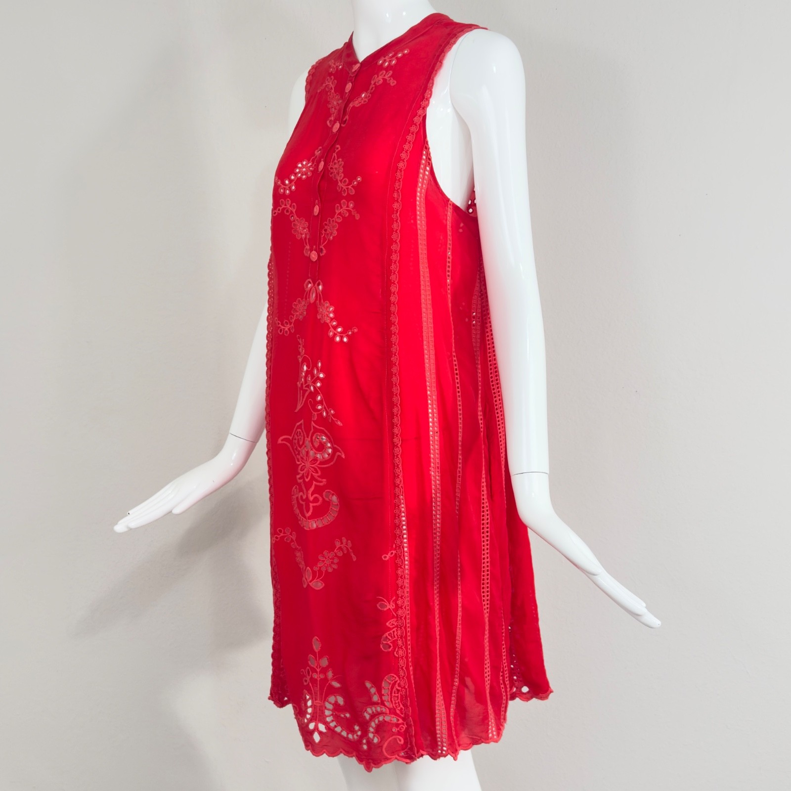 Johnny Was Rhodes Sleeveless Shift Dress Scarlet Red Embroidered Eyelet Accent M