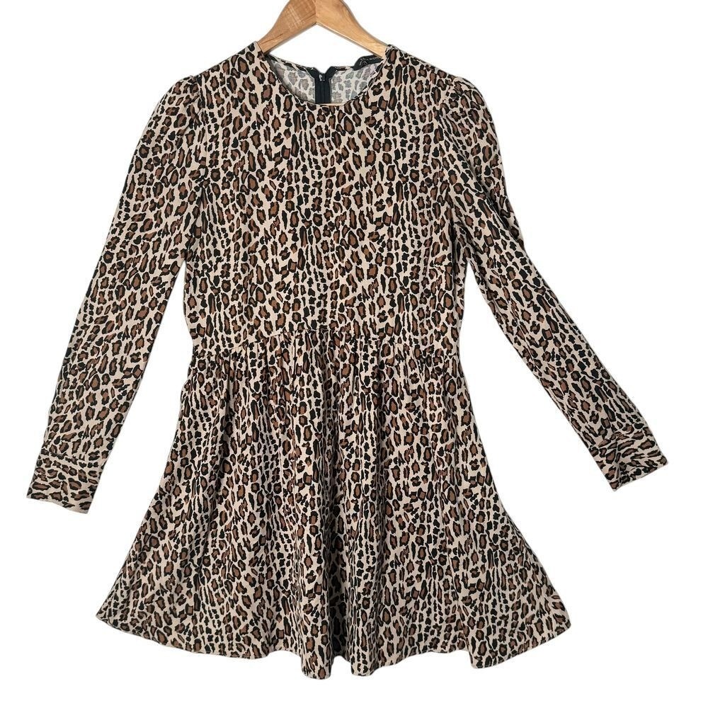 Zara Animal Print Babydoll Mini Dress Size S Skater Leopard Indie Sleaze Brown