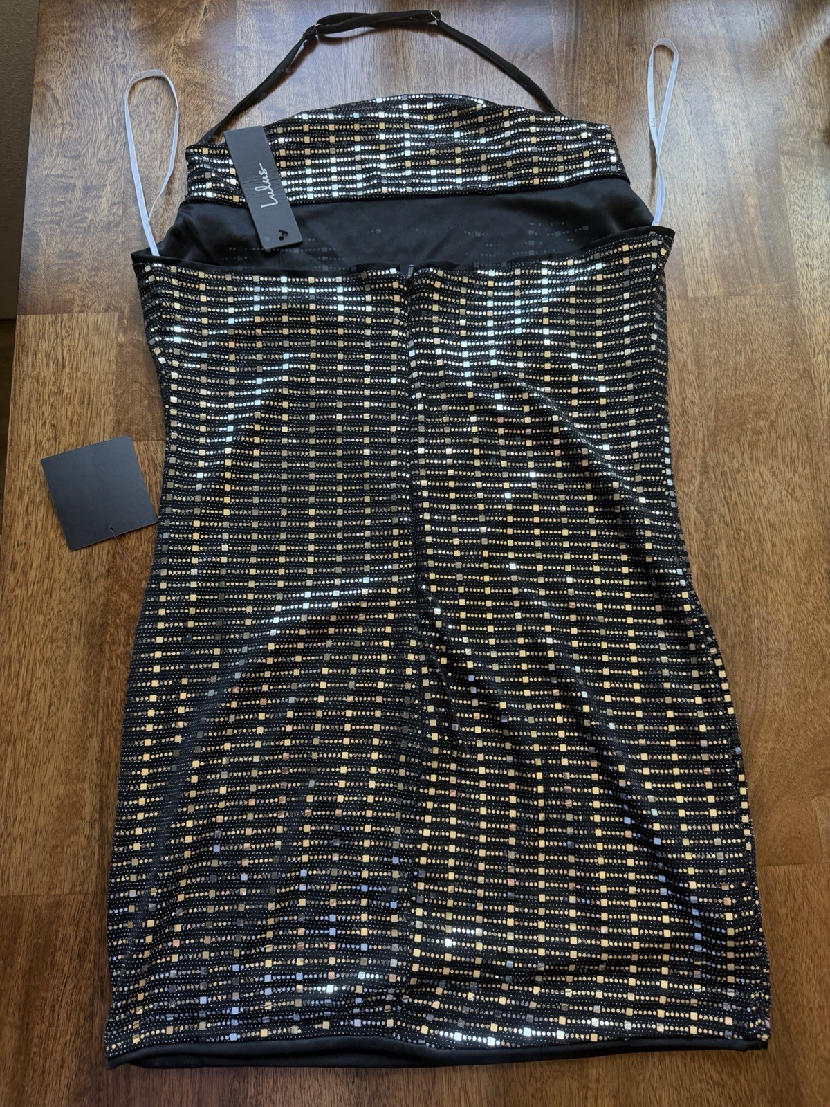 Lulu’s Totally Mesmerizing Shiny Black Sequin Cowl Mini Dress, NWT, L