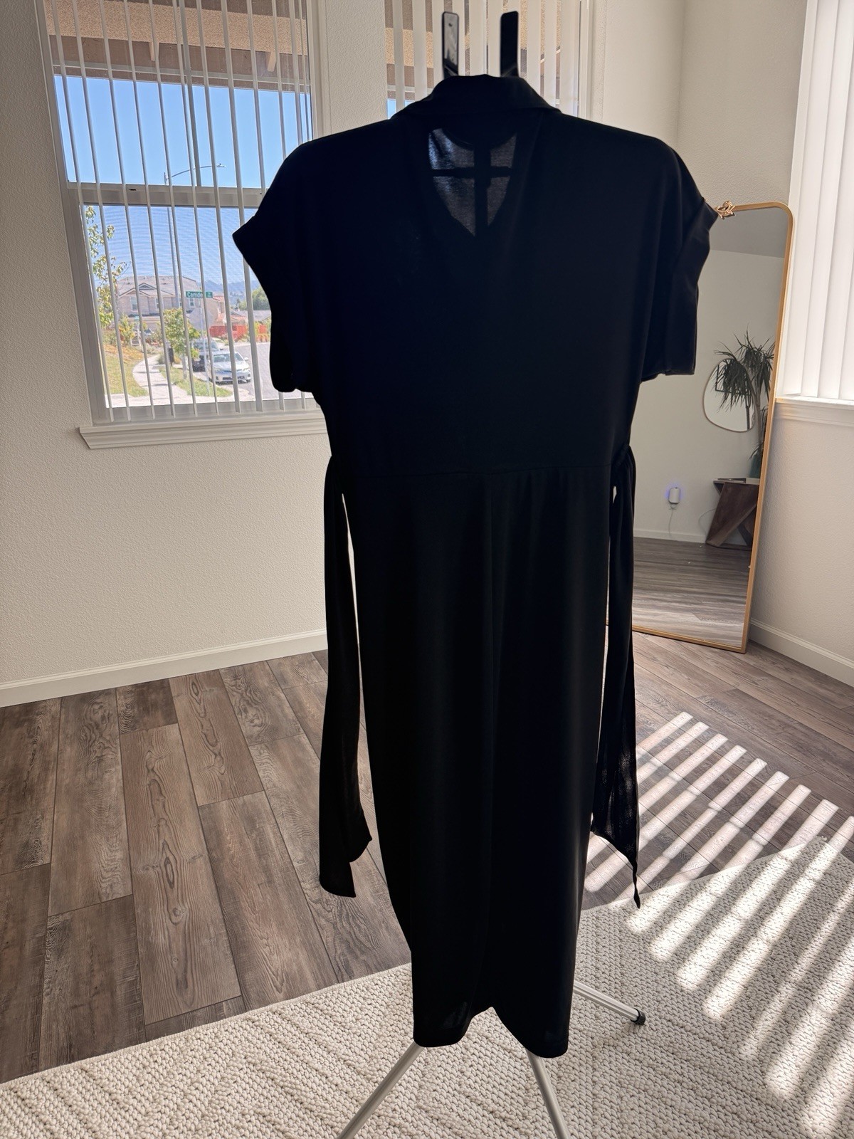 Steve Madden Black Collared Button Belted Shirt Dress Tie Accent Short Sleeve 10