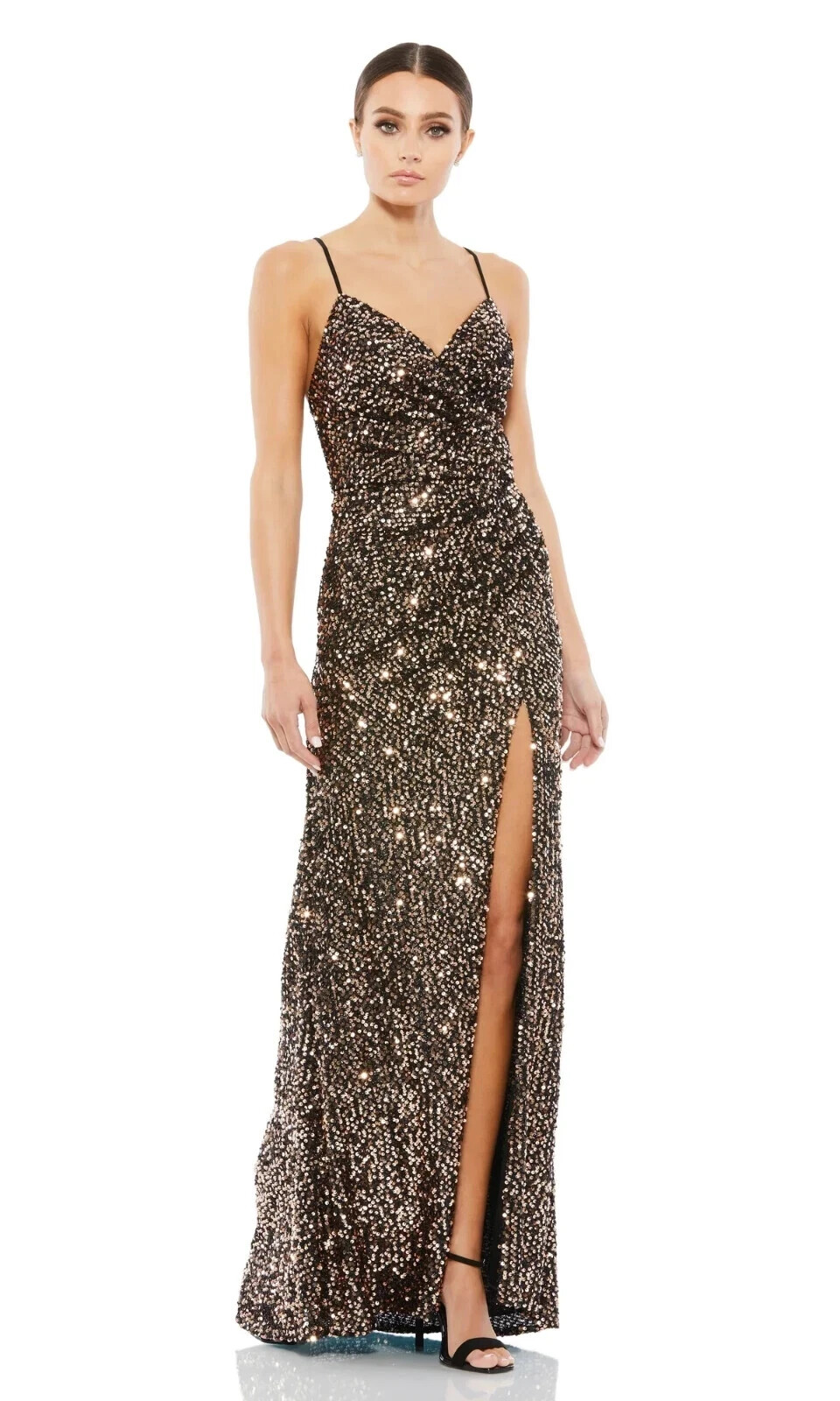 Ieena Mac Duggal Bronze Black Sequin Gathered Waist Gown Size 4 $398