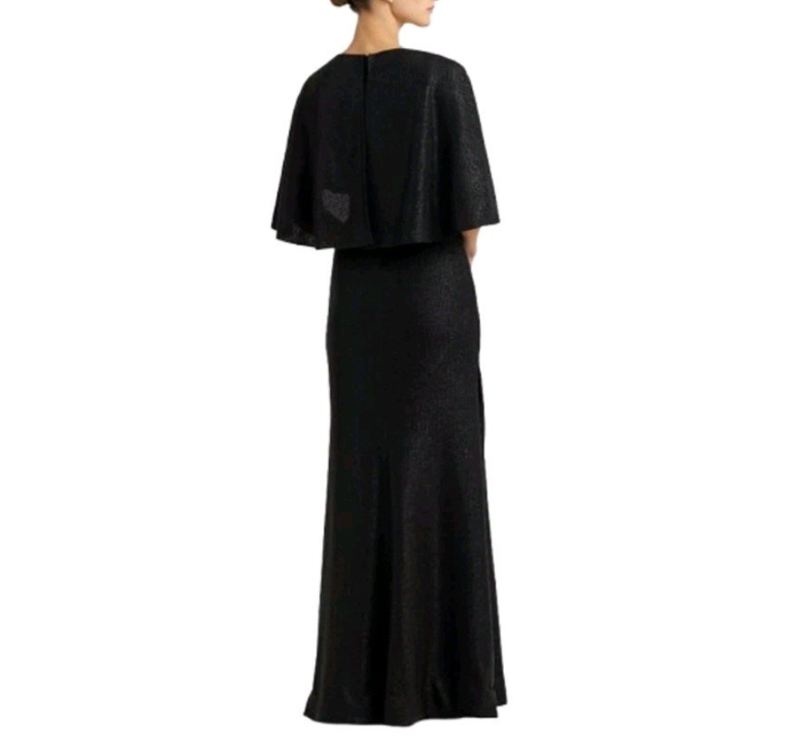 LAUREN RALPH LAUREN Twist-Front Cape Gown Size -8 Black Metallic Long Dress