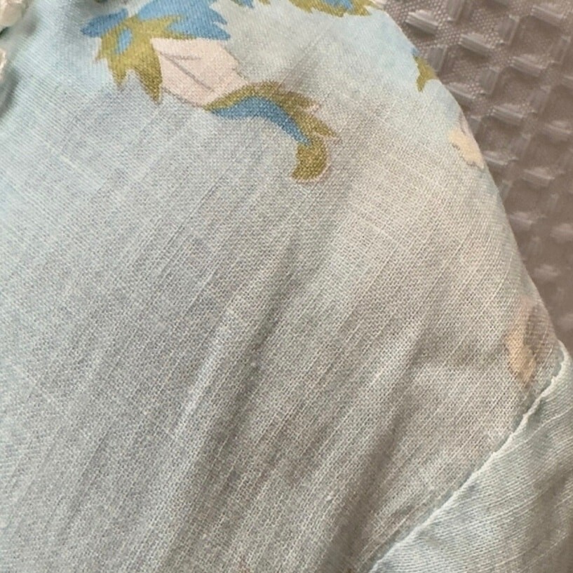 Vintage 1940s Blue Floral Seersucker Cotton House Dress Tie Waist Pockets Lace