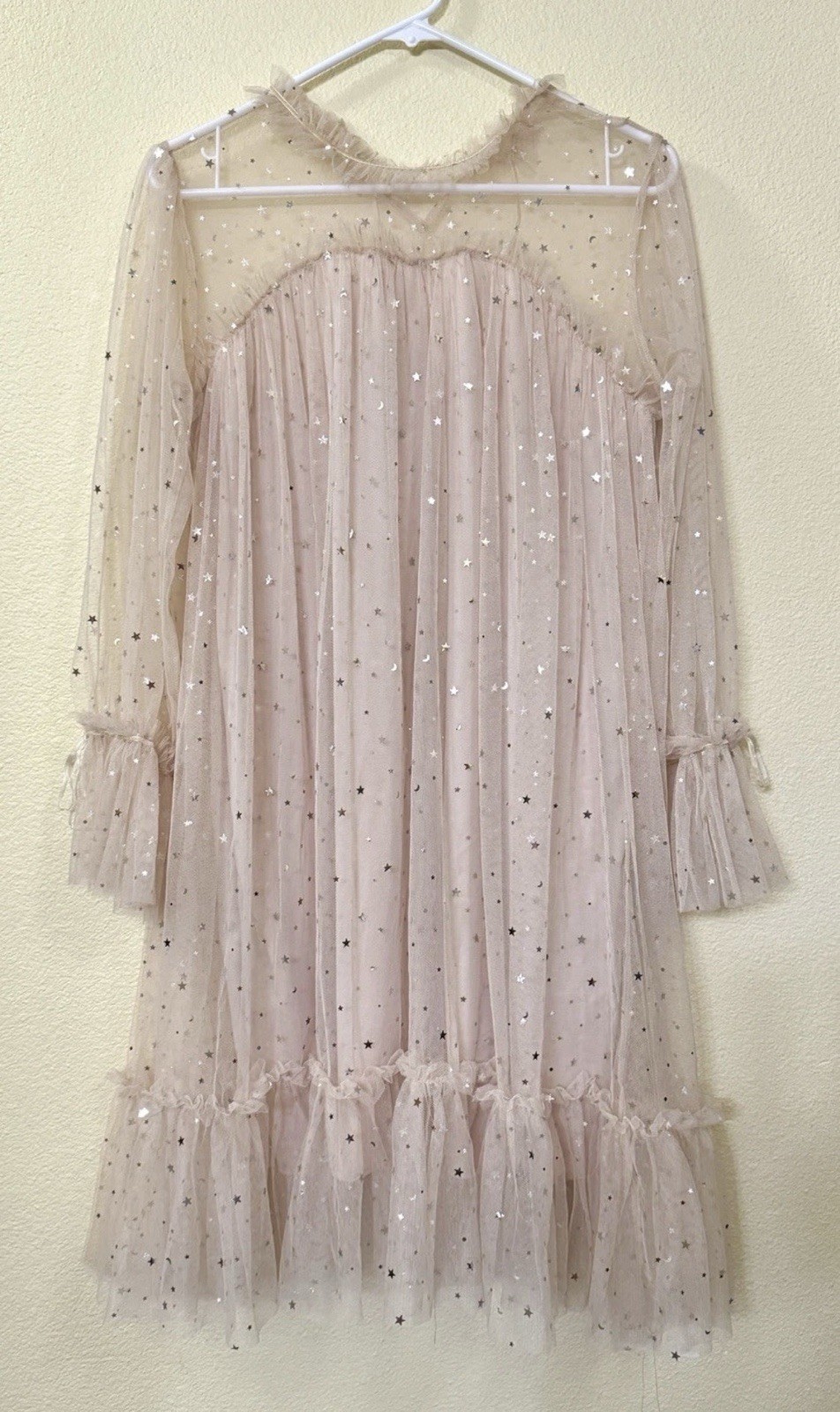 Pink Sheer Star Sequin Tulle Babydoll Dress Long Sleeve L Party Holiday fairy