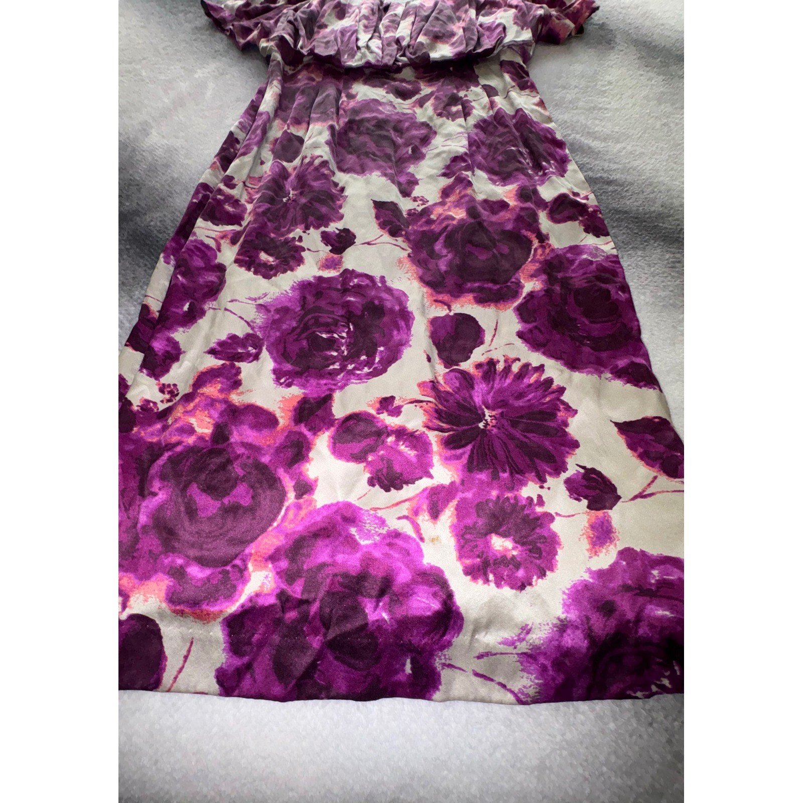 (B5) Moda International Silk Purple Floral Rose Puff Sleeve Midi Dress 14 NWOT