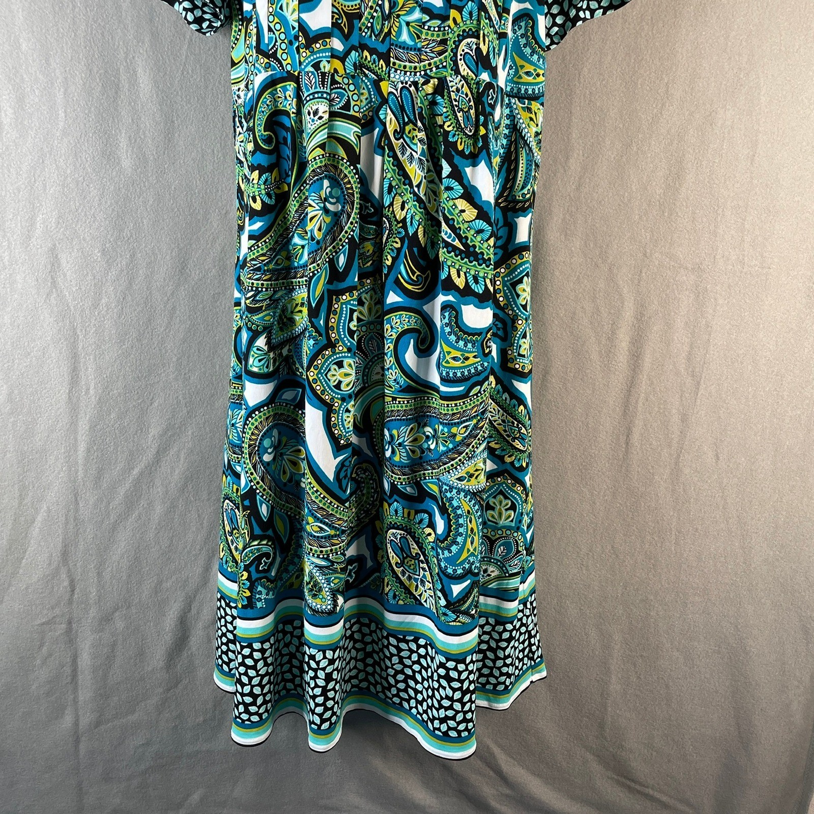 London Style Collection Blue Green Paisley Empire Waist Puff Sleeve Dress 14