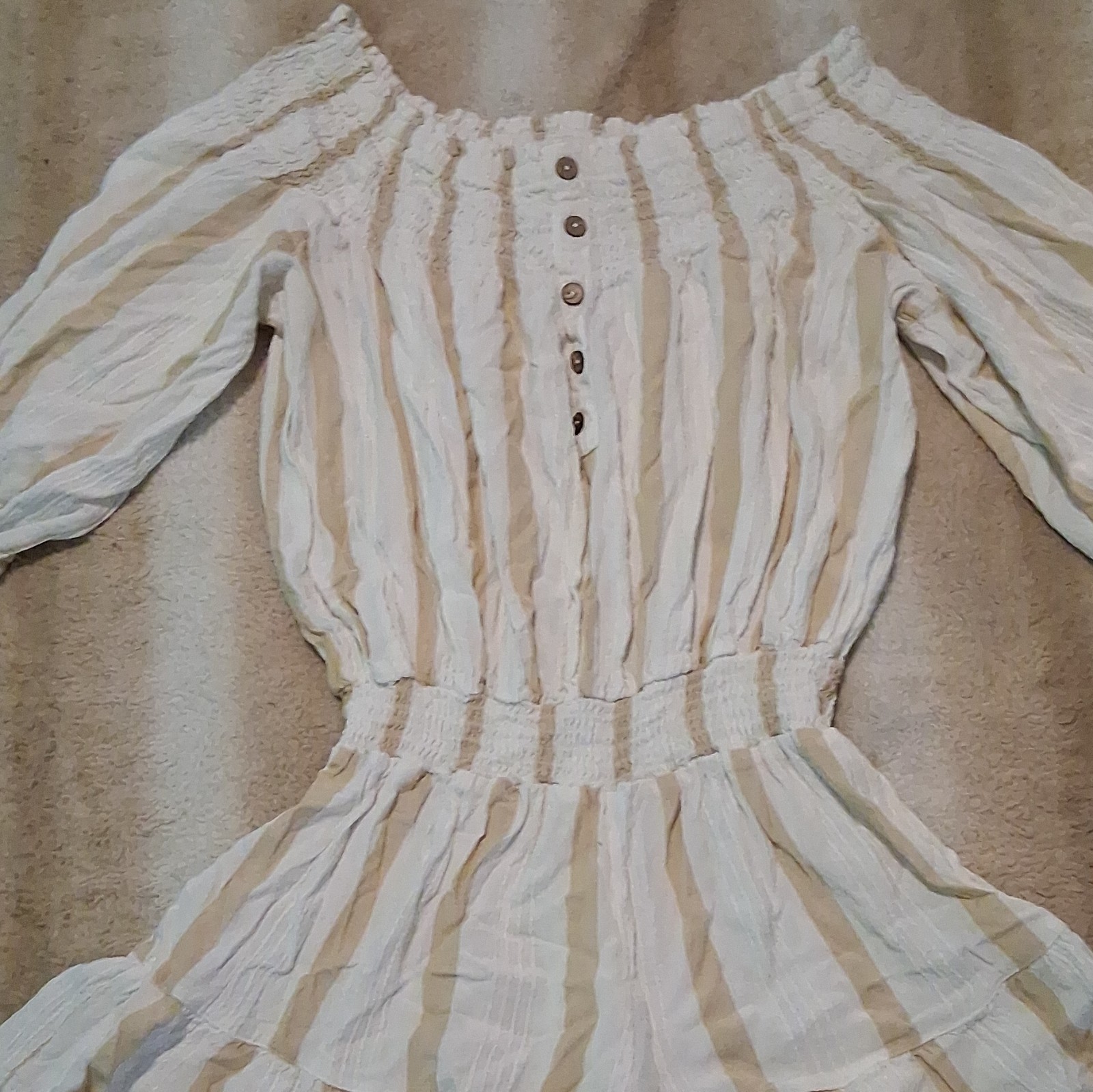 Vintage Havana M Striped Off Shoulder Smocked Romper White Beige Button