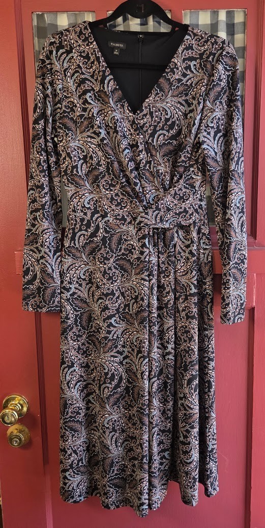 Talbots Women Black Brown Multicolor Paisley Long Sleeve Faux Wrap Dress Size M