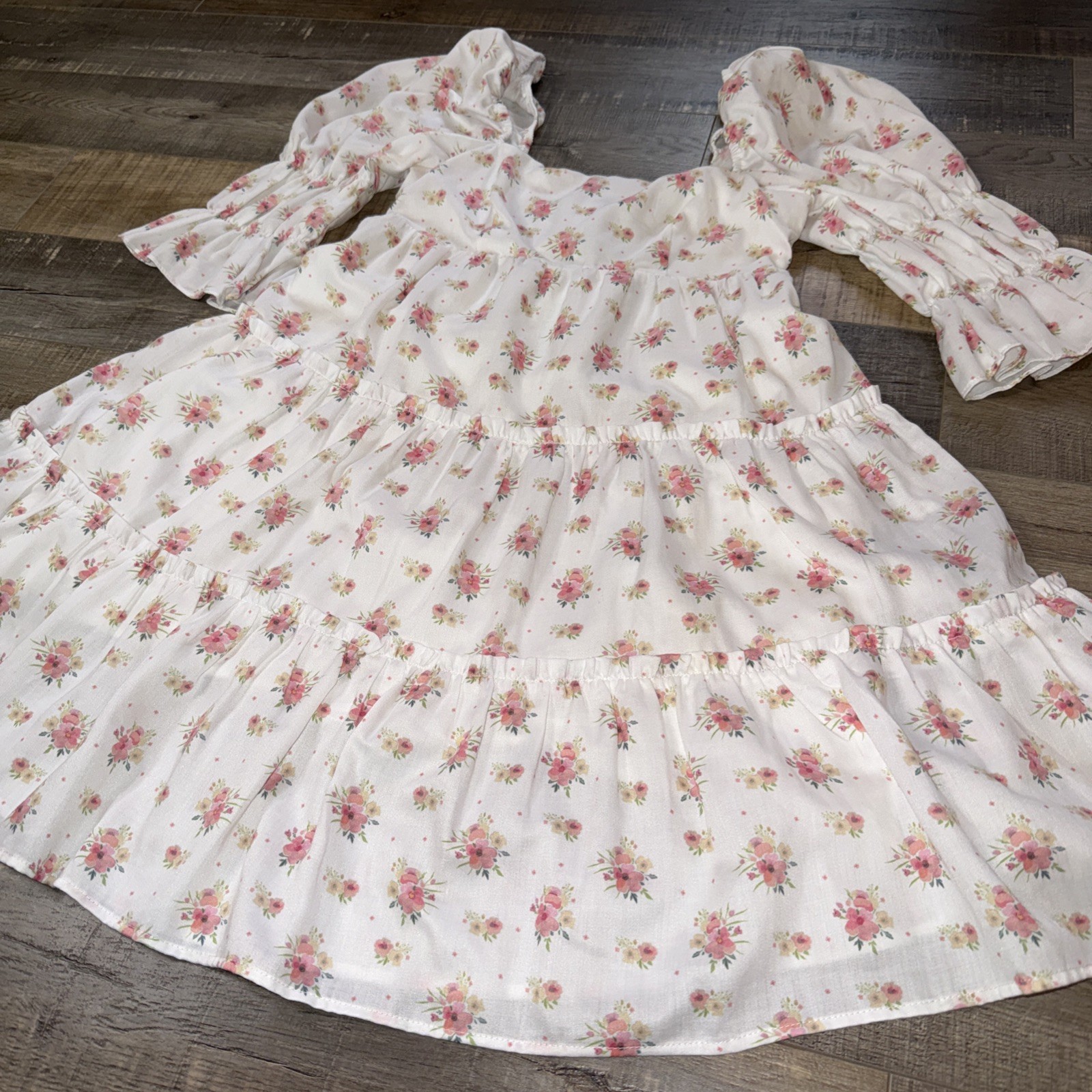 Storia White And Pink Floral 3/4 Ruffle Sleeve Tired Mini Dress Size S Cottage🔥