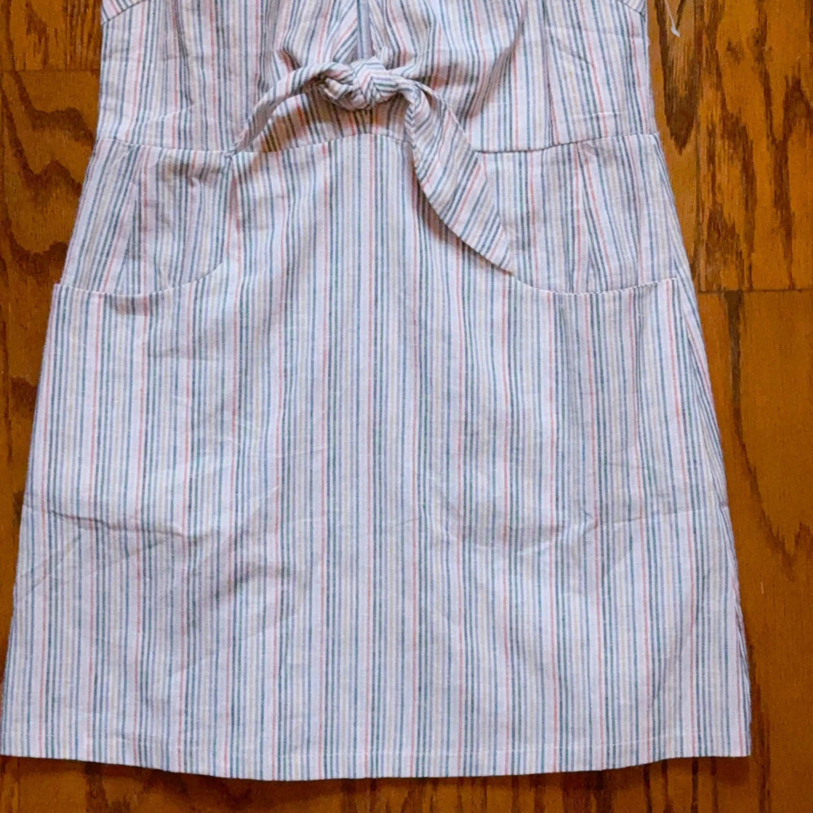 Olivaceous Linen Blend Striped Dress S Plunge V Front Knot Pockets NWT