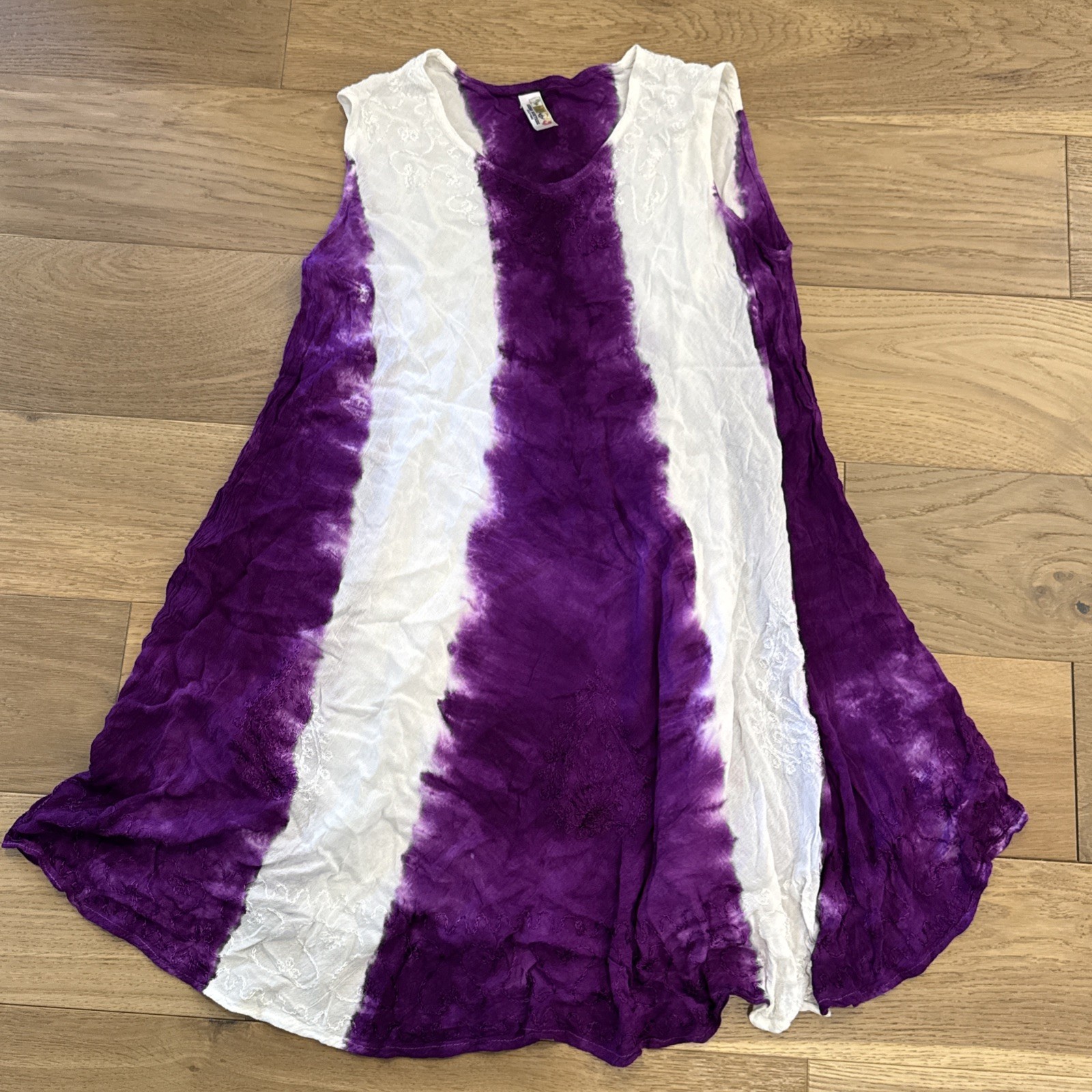 India Boutique One Size Purple Tie Dye Dress Boho Cover Up Embroidered