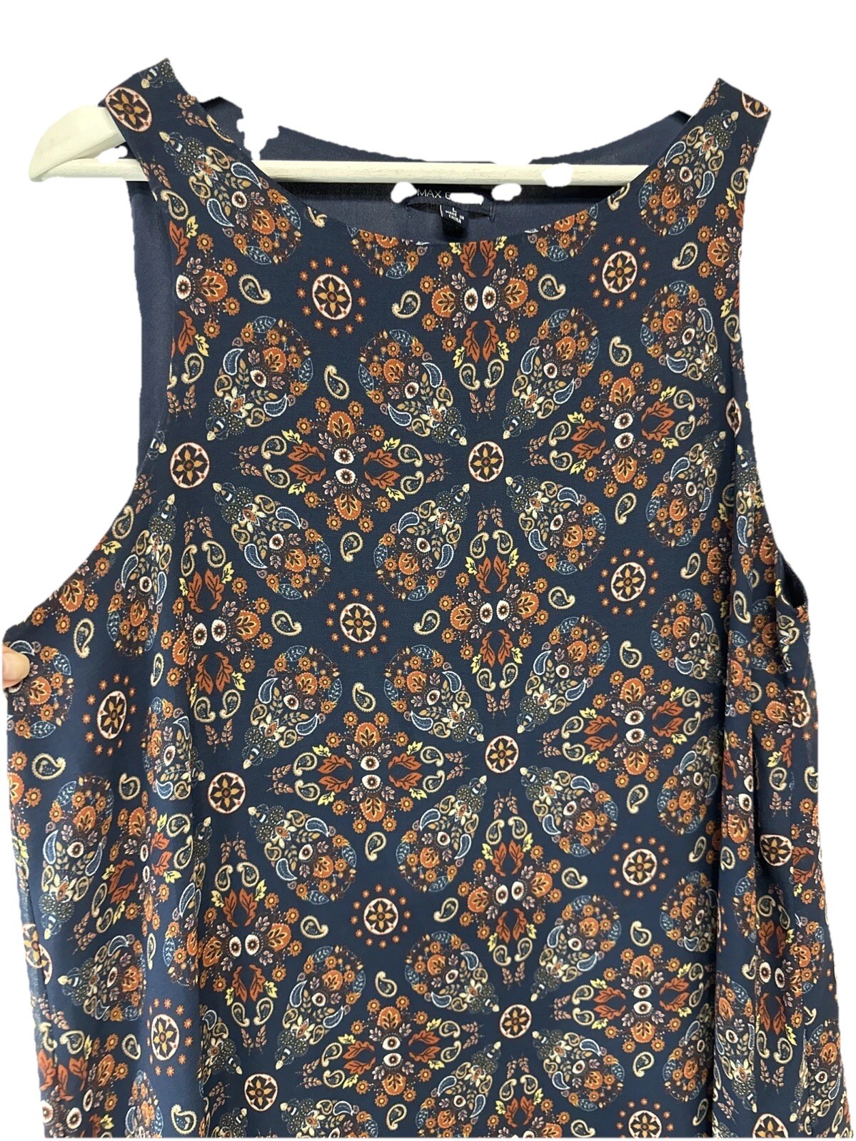 Max Edition Shift Dress Navy Blue Paisley Sleeveless Lined Summer Dress L