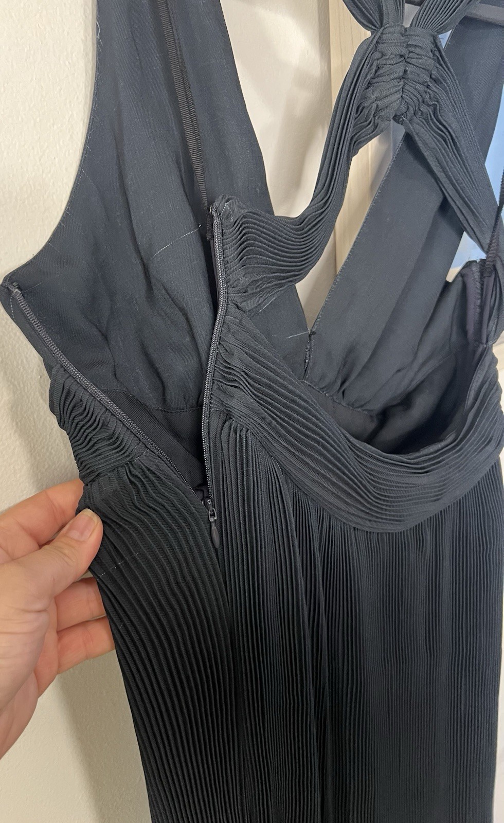 A.L.C. Black Pleated V-Neck Cross Strap Striped Maxi Dress Polyester Size 0