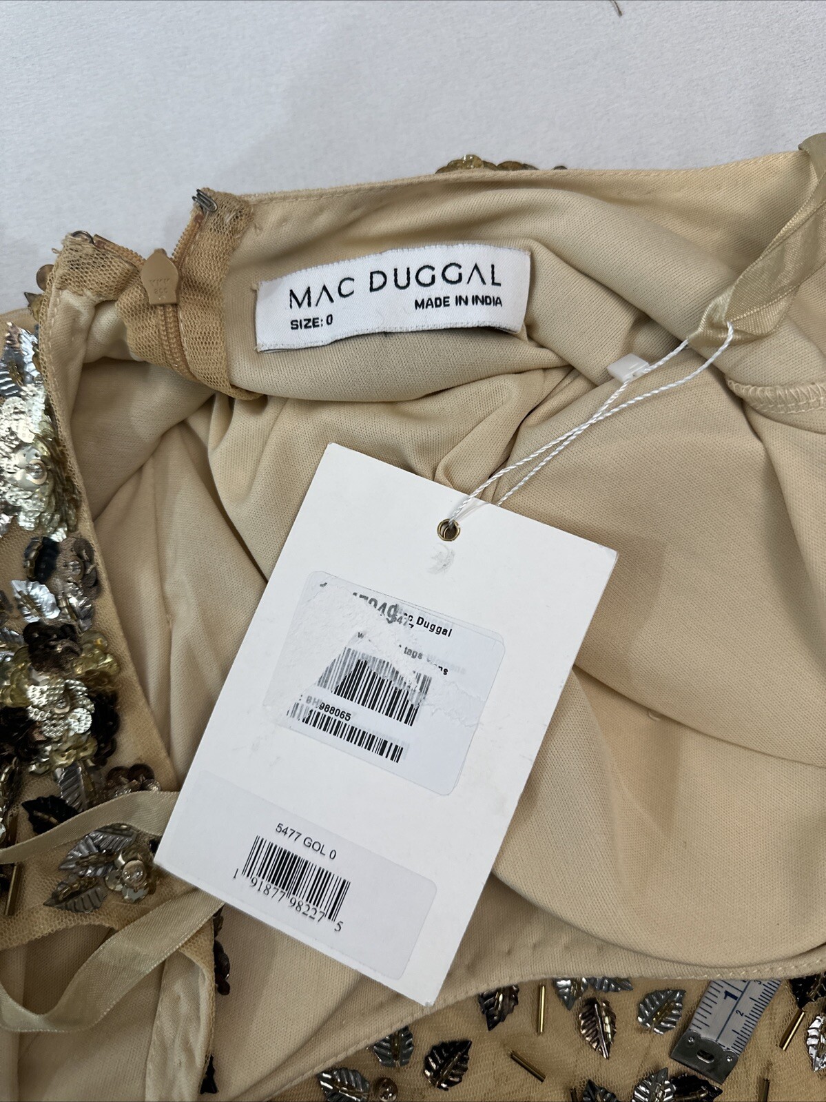 NWT $598 Mac Duggal [ 0 ] 5477 Floral Embellished Scoop Neck Gown Gold #S1598