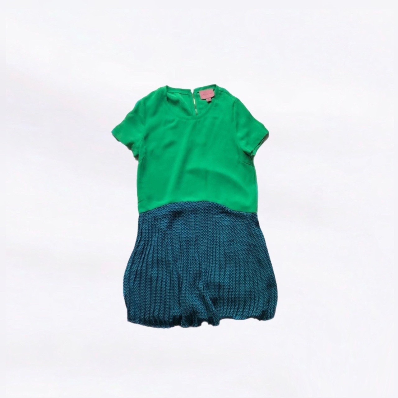 I. Madeline Green Navy Blue Geometric Print Colorblock Pleated Dress Size Small